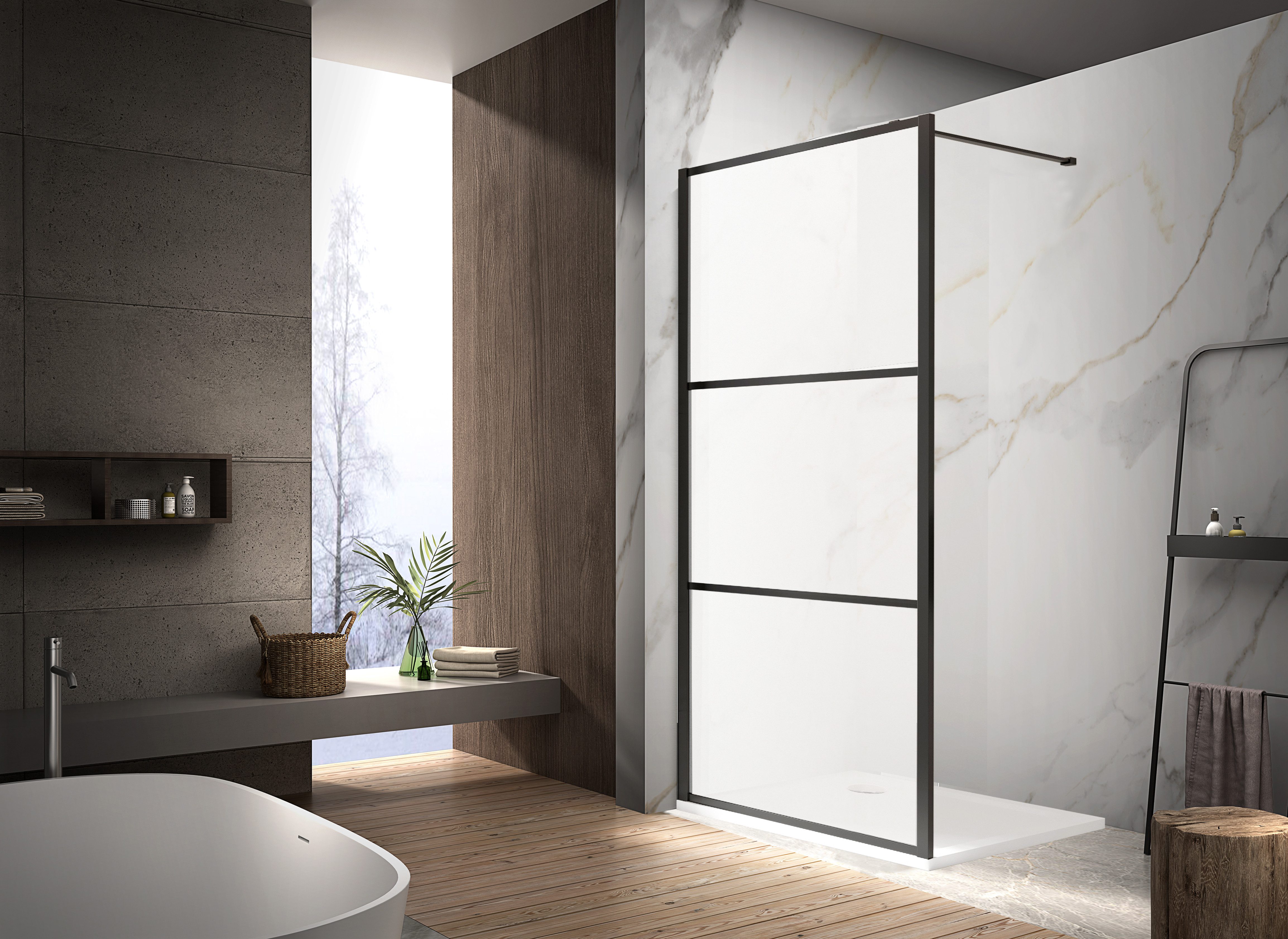 welltime Walk-in-Dusche Walk In Black Blocks Frosted, Sicherheitsglas, Milchglasscheiben