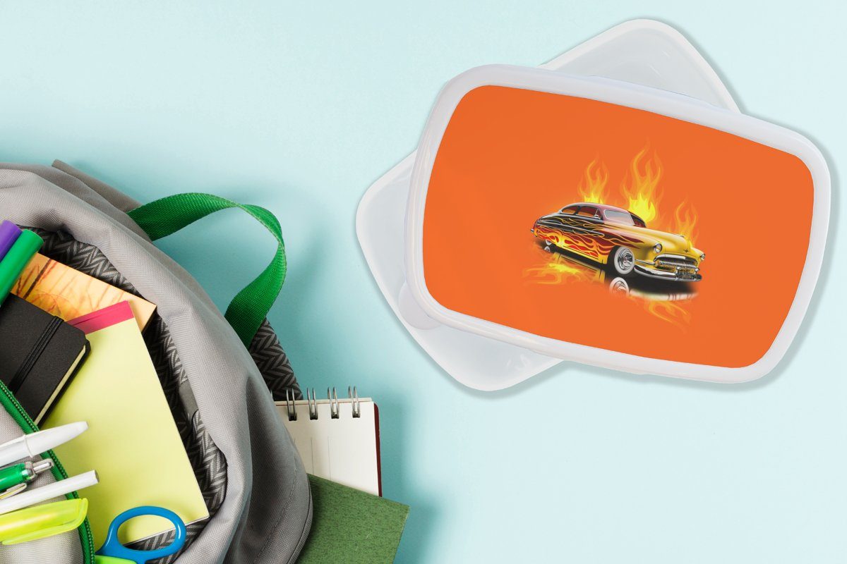 - Lunchbox Brotdose, MuchoWow Feuer (2-tlg), Erwachsene, und Jungs Auto Kinder - - Brotbox Kunststoff, und weiß - Vintage, Mädchen für Flammen für Orange