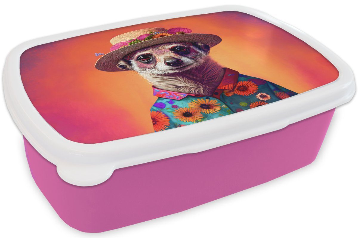 Blumen - - Kinder, rosa Erdmännchen, Kunststoff Snackbox, für Erdmännchen Tiere Lunchbox MuchoWow Porträt Erwachsene, Mädchen, - Brotbox (2-tlg), Brotdose Kunststoff, - Hut -