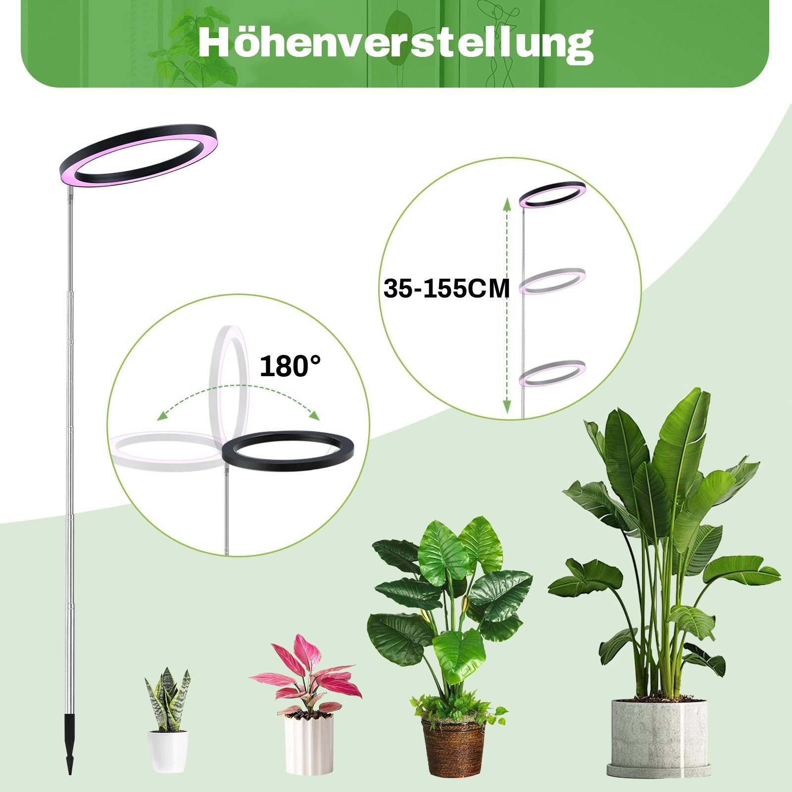Laybasic Pflanzenlampe LED Vollspektrum Pflanzenlicht Wachstumslampe 26cm Großer Ring, 160LEDs Pflanzenleuchte 35-155cm Höhenverstellbar, Tageslichtlampe, 3 Lichterfarben, mit Timer Dimmbar für Zimmerpflanzen