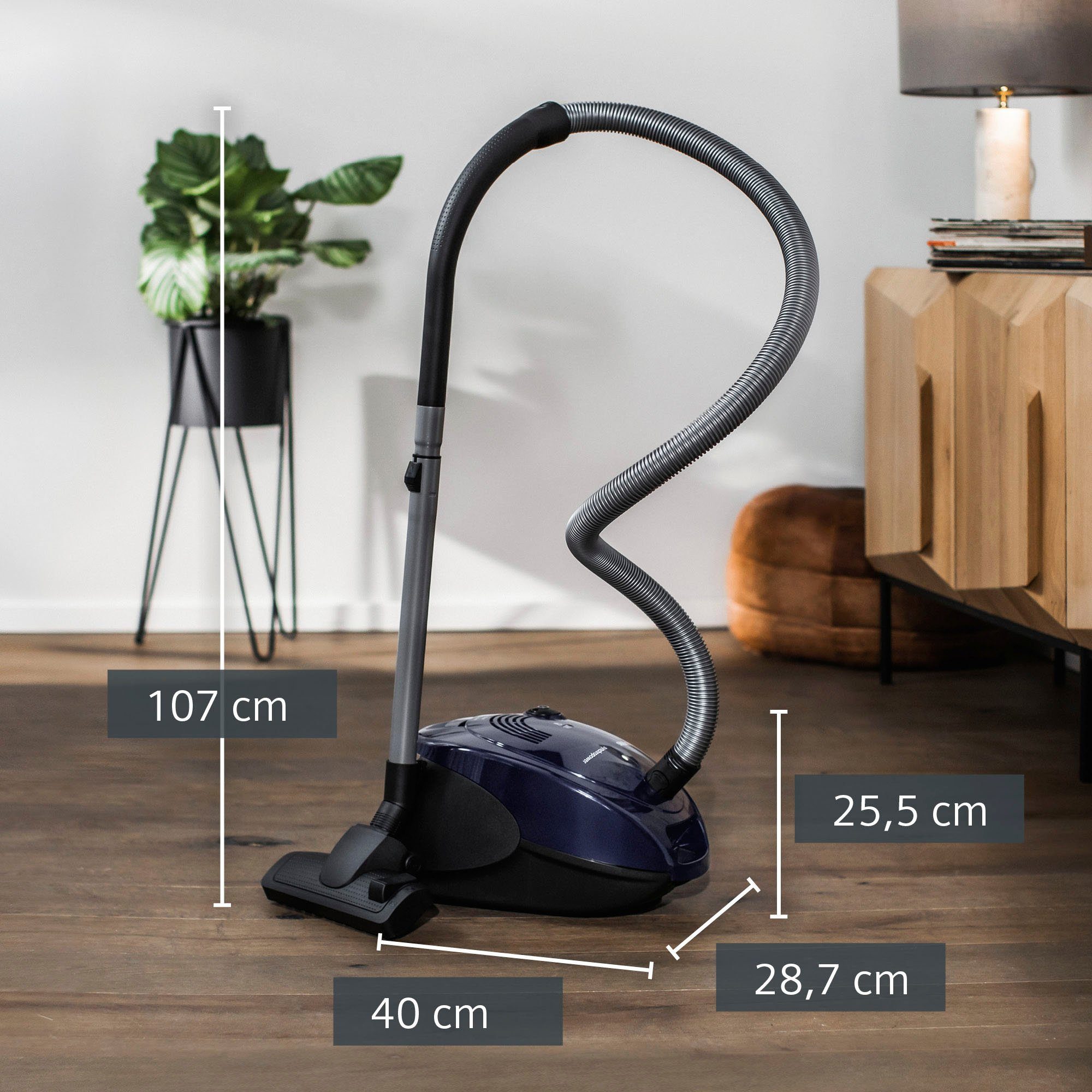 SIEMENS Bodenstaubsauger synchropower VS06A111, Made in Germany, Hygiene-Filter, kompakt, 600 W, mit Beutel, für Hartboden/Teppich, hohe Saugkraft, integriertes Zubehör, blau