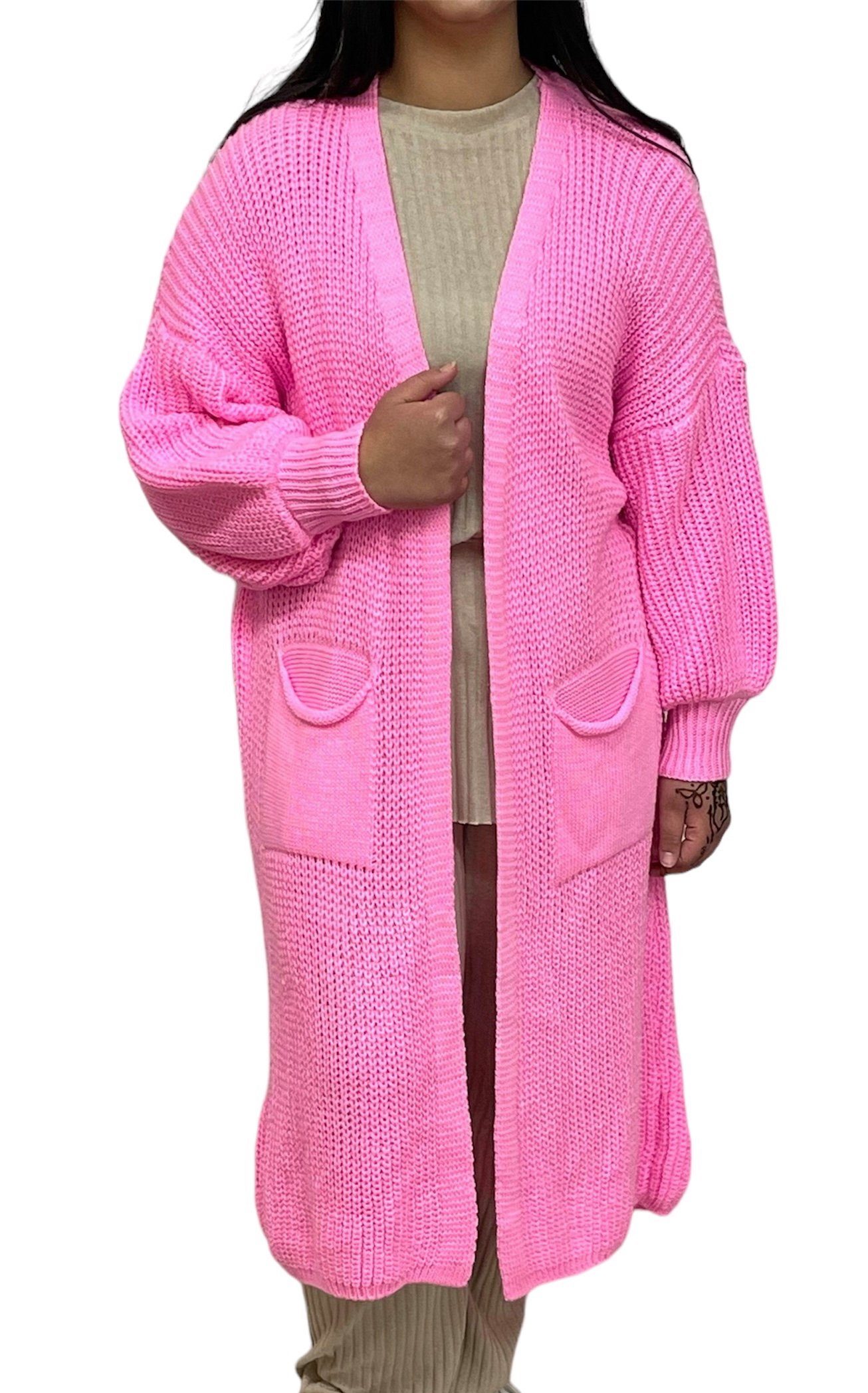 HELLO MISS Longstrickjacke Modisch Maxi Strickjacke mit aufgesetzten Taschen, Cardigan Lang Grober Strick, Bequeme Passform, Vielseitig kombinierbar
