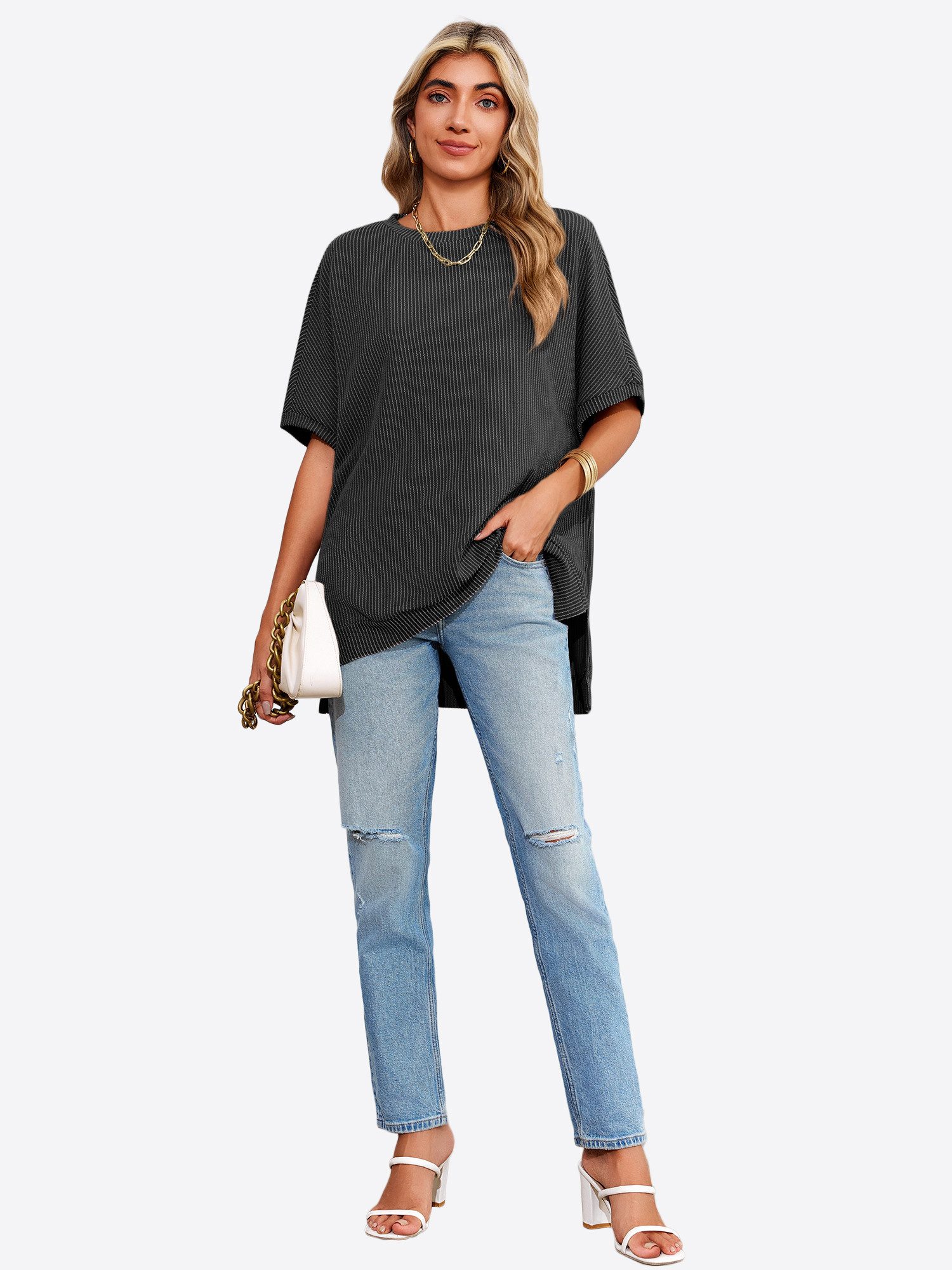 Imily Bela T-Shirt Damen Oversized Fledermausärmel Top Gerippt Loose (Packung, 1-tlg., 1per-Pack) Halbarm Stricken in Unifarbe – Bild 3 von 5