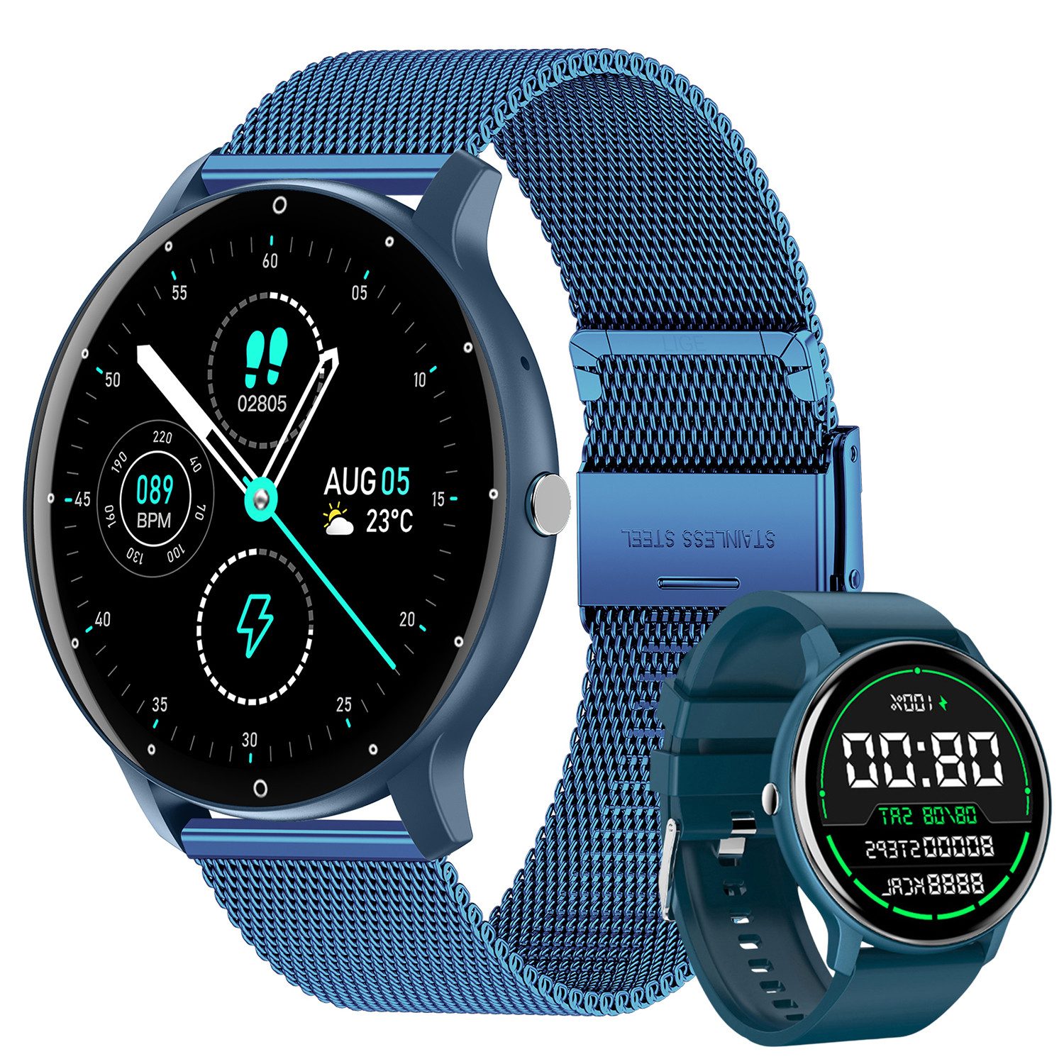 Refttenw Armbanduhr,Fitness Tracker Uhr für Damen Herren mit Anruffunktion Smartwatch set, 2 Arten von Riemen, IP67 wasserdicht