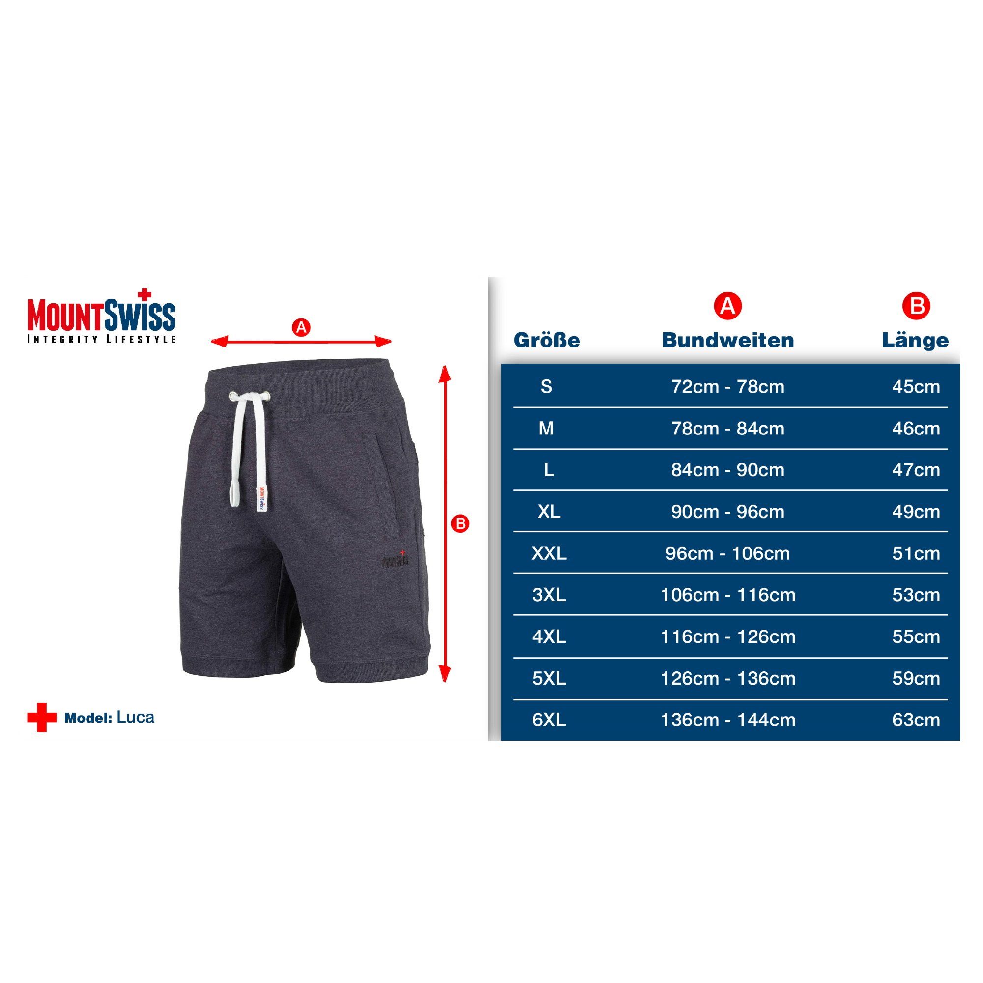 Großen elastischer Größen kurze Bund, Swiss© erhältlich Freizeit-Shorts Shorts in grau Mount Swiss Herren / Mount (1-tlg) LUCA auch