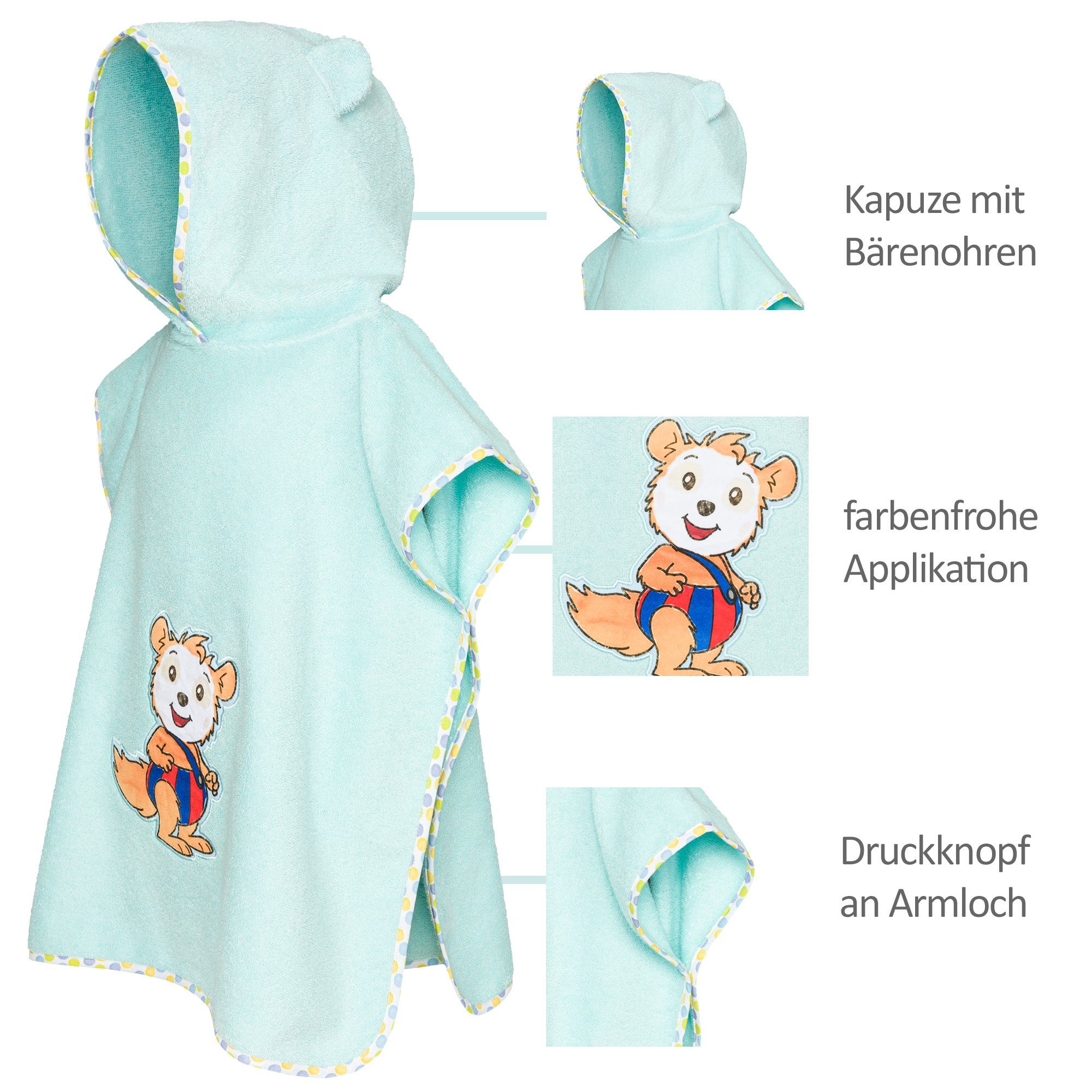 Smithy Badeponcho Kind Baby Bobo Baumwolle, 5 Jahre, bis 0 Armloch Siebenschläfer, Druckknopf am