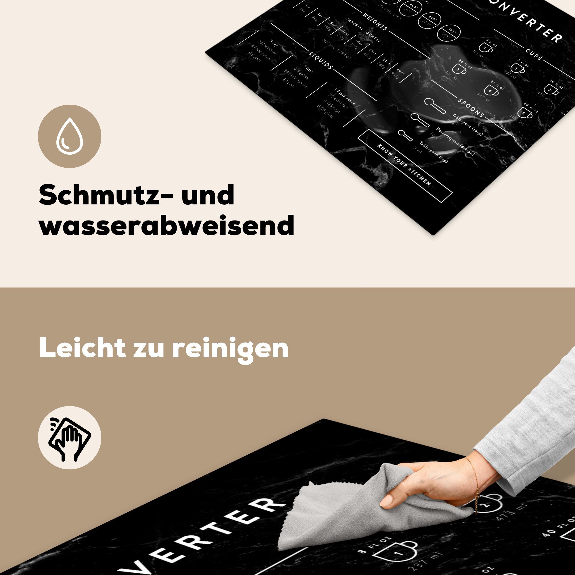 Vinyl, - Handbuch Kochen Arbeitsfläche - Messbecher, Mobile nutzbar, 60x52 Induktionsschutz - cm, - Abdeckplatte Ceranfeldabdeckung MuchoWow (1 tlg), Herdblende-/Abdeckplatte