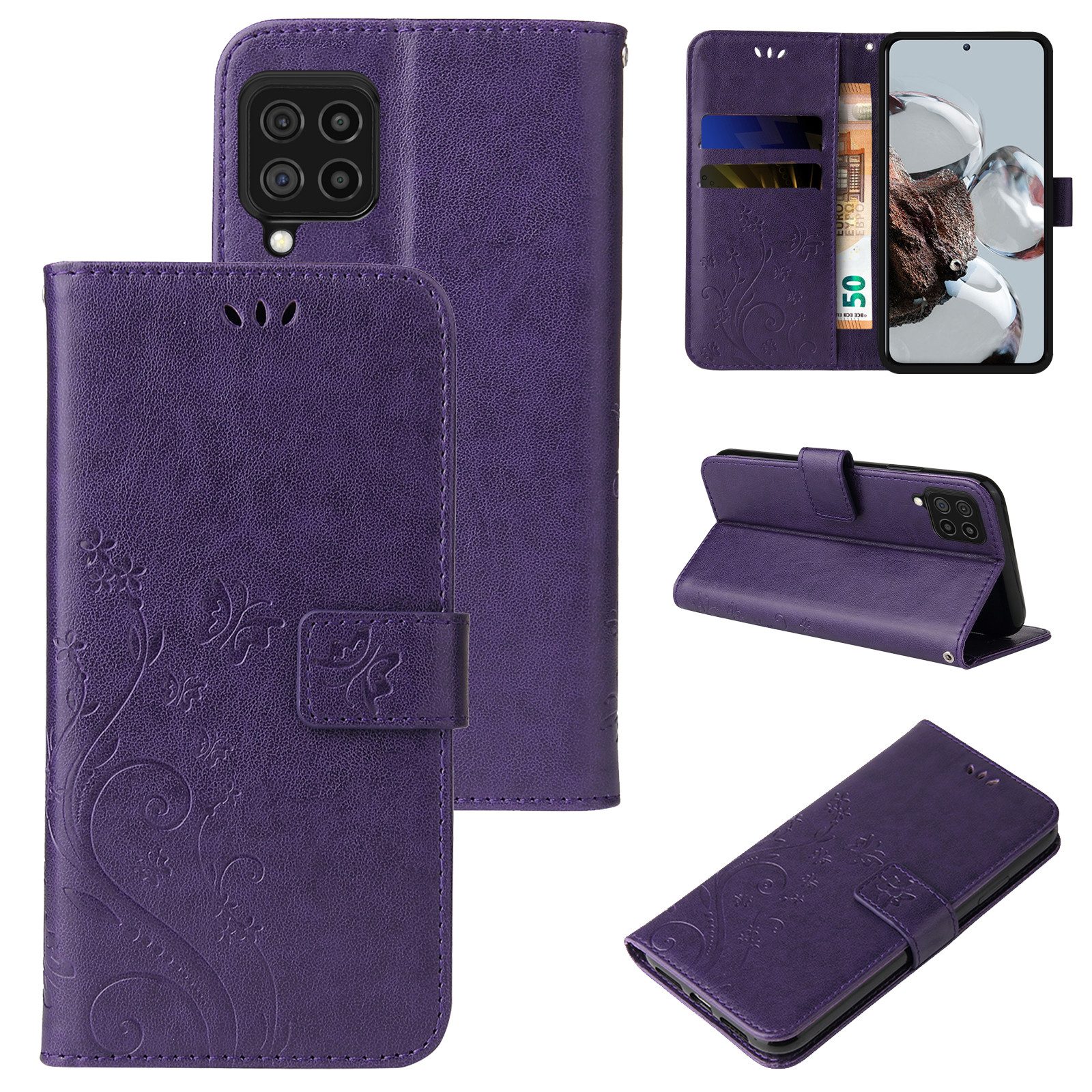 Tec-Expert Handyhülle Cover Tasche Hülle für Samsung Galaxy A22 (4G) 6,4 Zoll, Klapphülle Case mit Kartenfach Fliphülle aufstellbar, Motiv Blumen