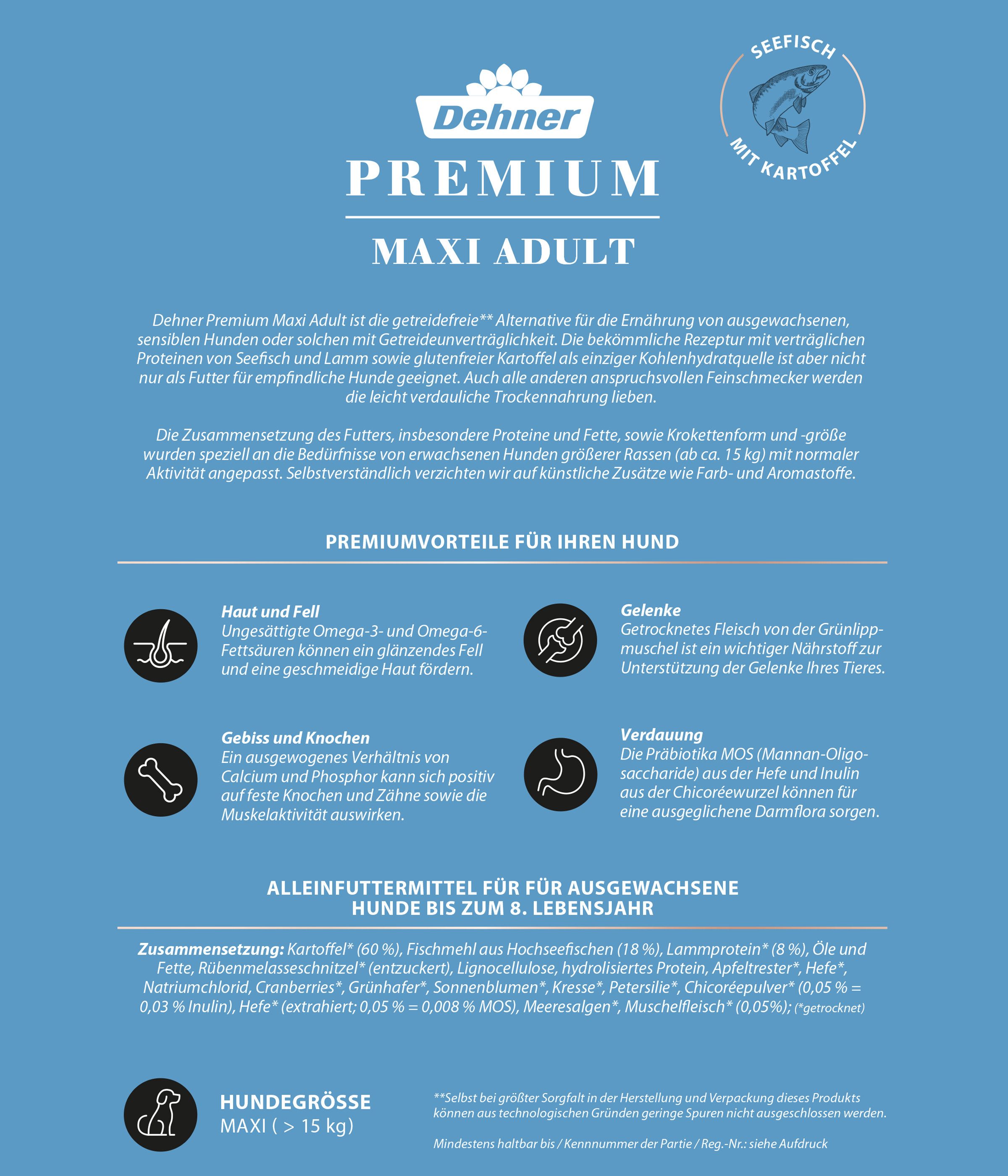 Dehner Premium Maxi Adult Fisch / Lamm / Kartoffel, 4kg / 8kg, getreidefrei Seefisch, Trockenfutter für: Hunde, Trockenfutter für ausgewachsene Hunde großer Rassen