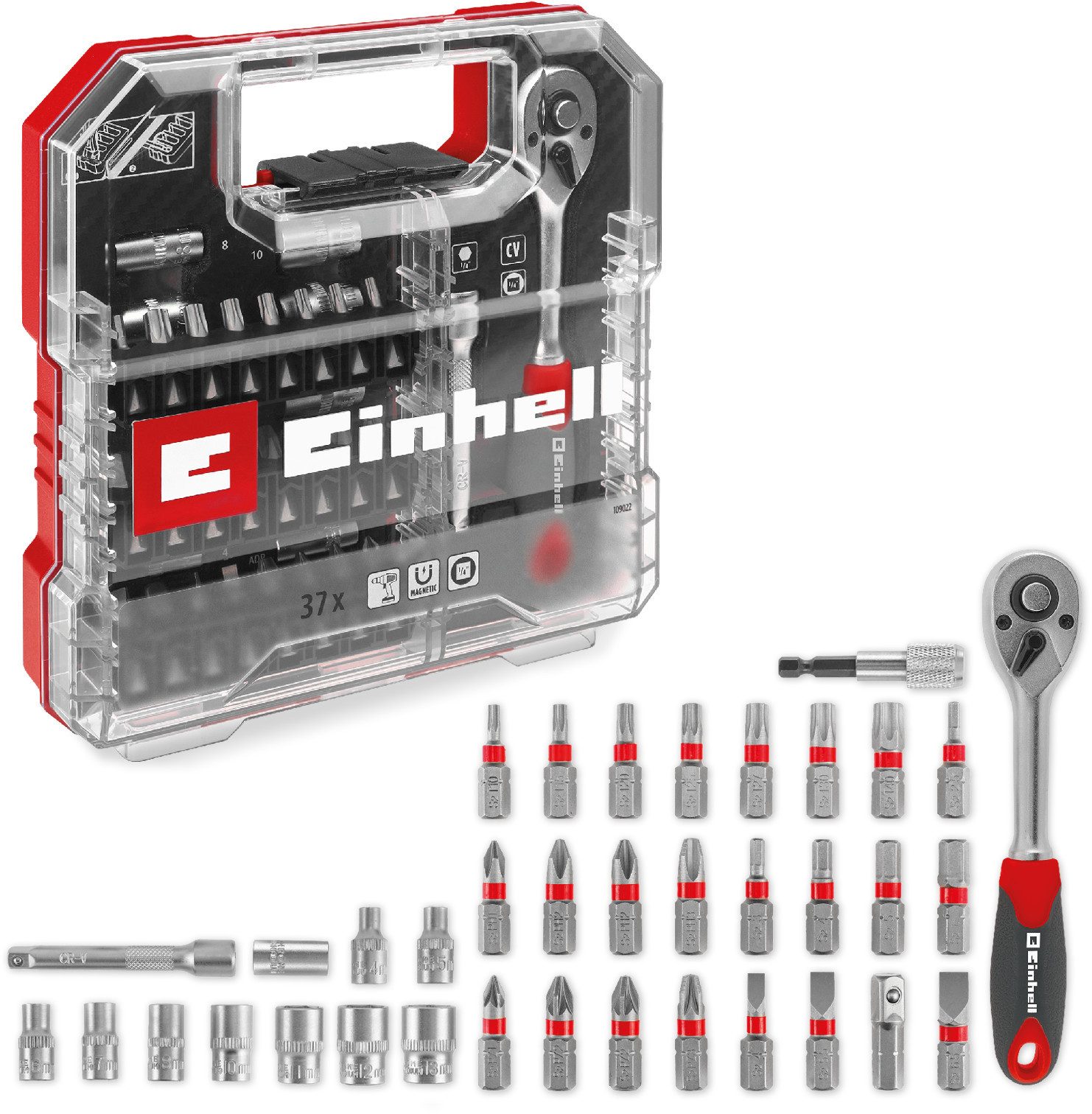 Einhell Bit- und Steckschlüsselset L-CASE Kassette LS, 37-tlg. Bit- und Ratschen-Set (Bits, Knarre, Box)