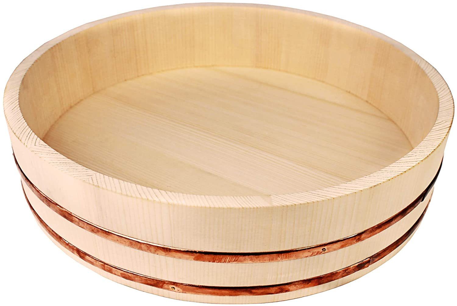 Reishunger Schüssel - Hangiri Holzschüssel für Sushi Reis in 4 Größen von 30 cm bis 60 cm Durchmesser, Kiefernholz mit Kupferstreifen