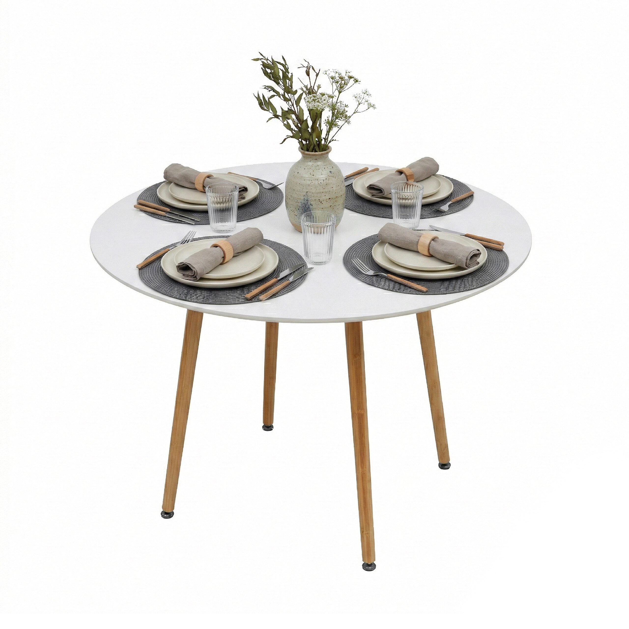 relaxdays Esstisch Runder Esstisch mit Bambusbeinen, weiß, 90 cm