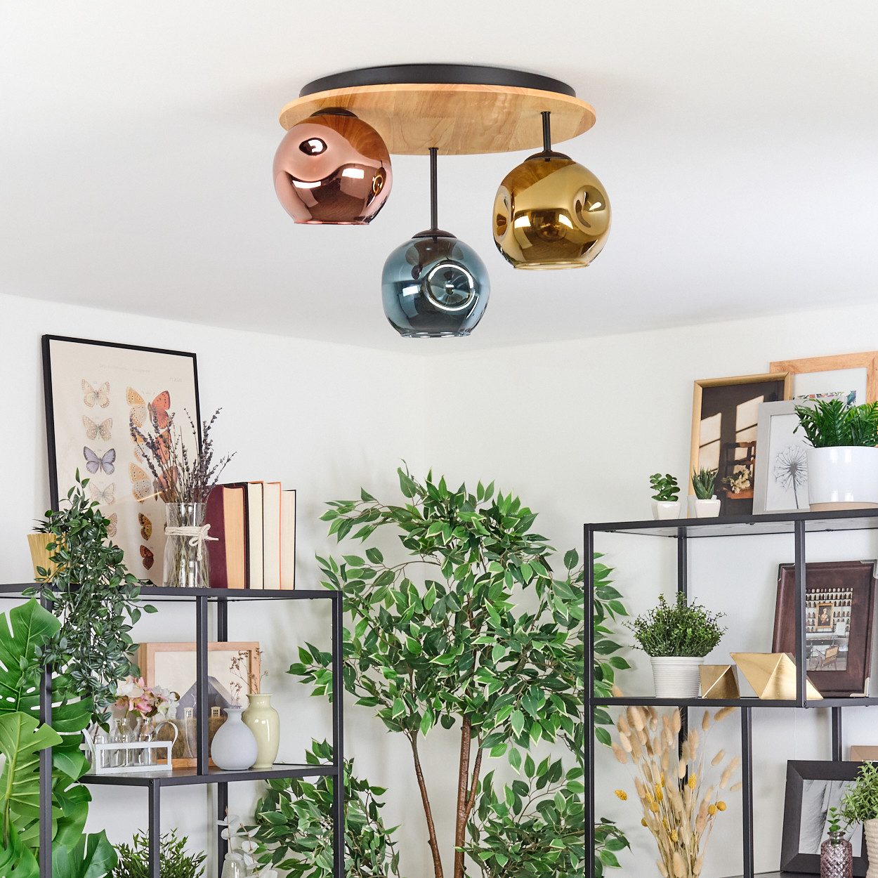 hofstein Deckenleuchte Deckenlampe aus Metall/Holz/Riffelglas, Schwarz/Natu günstig online kaufen