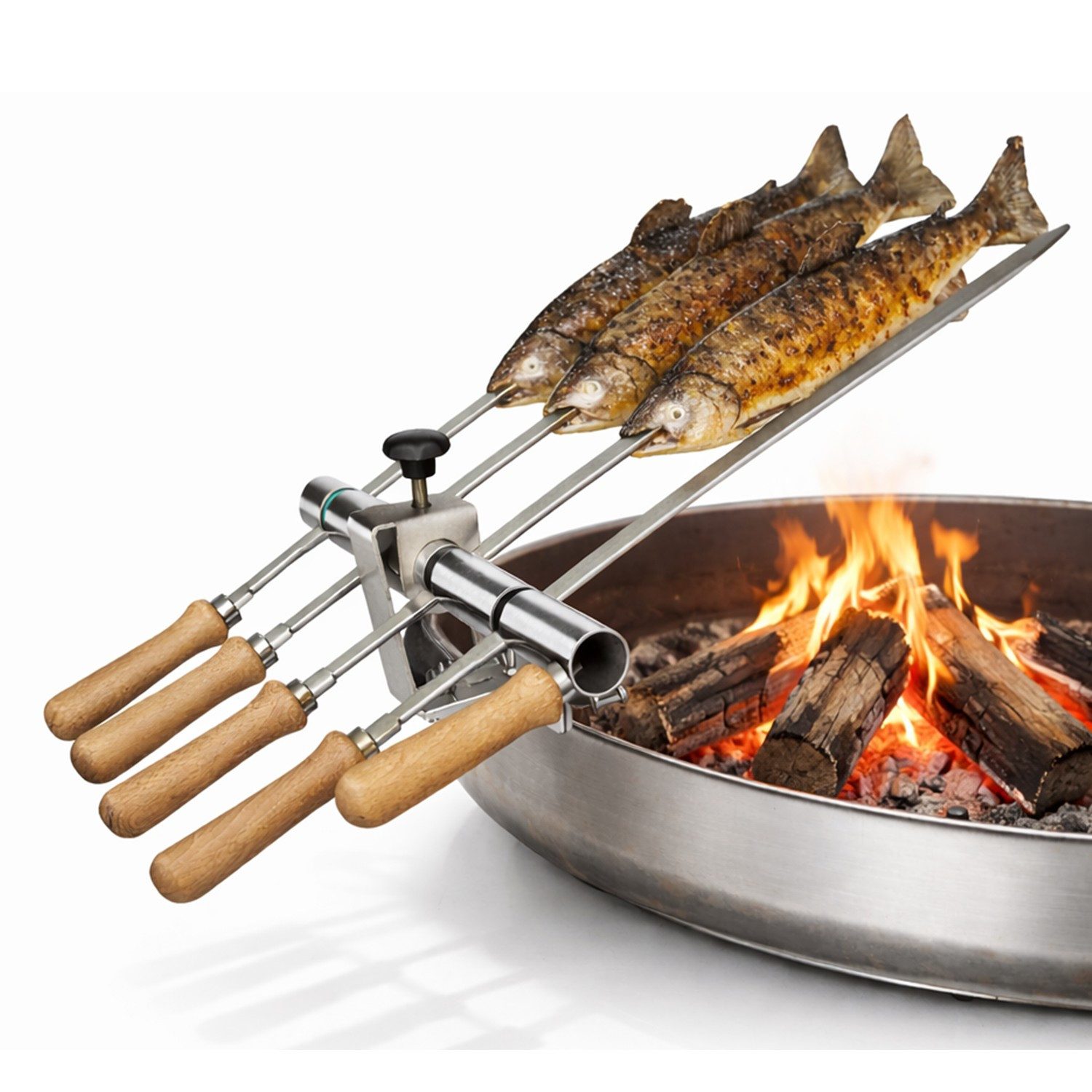 Schilling Fischgrilltechnik Grillguthalter Feuerschale Edelstahlspieße große Schalen für Steckerlfisch, Edelstahl & Buche, (Komplettset, Halterung, Spieße, Schrauben, Griffe, Anleitung + Probegewürz), Stabiler Feuerschalen Steckerlfischhalter - traditione