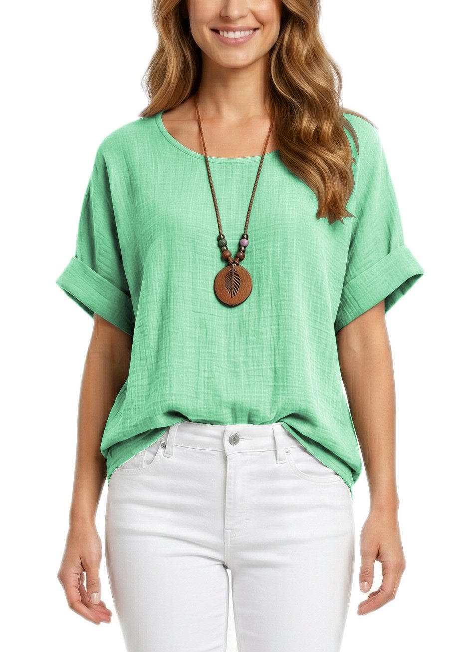 dy_mode Kurzarmbluse Damen Kurzarm Bluse Leichte Sommer Tunika Baumwollbluse Oberteil in Unifarbe, mit passende Kette