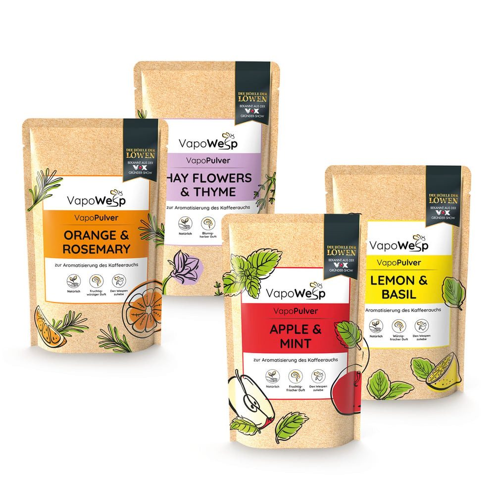 VapoWesp Wespennestattrappe Pulver-Set je 100g alle Sorten, hält Wespen und Mücken fern, (4-St), Orange&Rosemary, Lemon&Basil, HayFlowers&Thyme, Apple&Mint (je 100g)