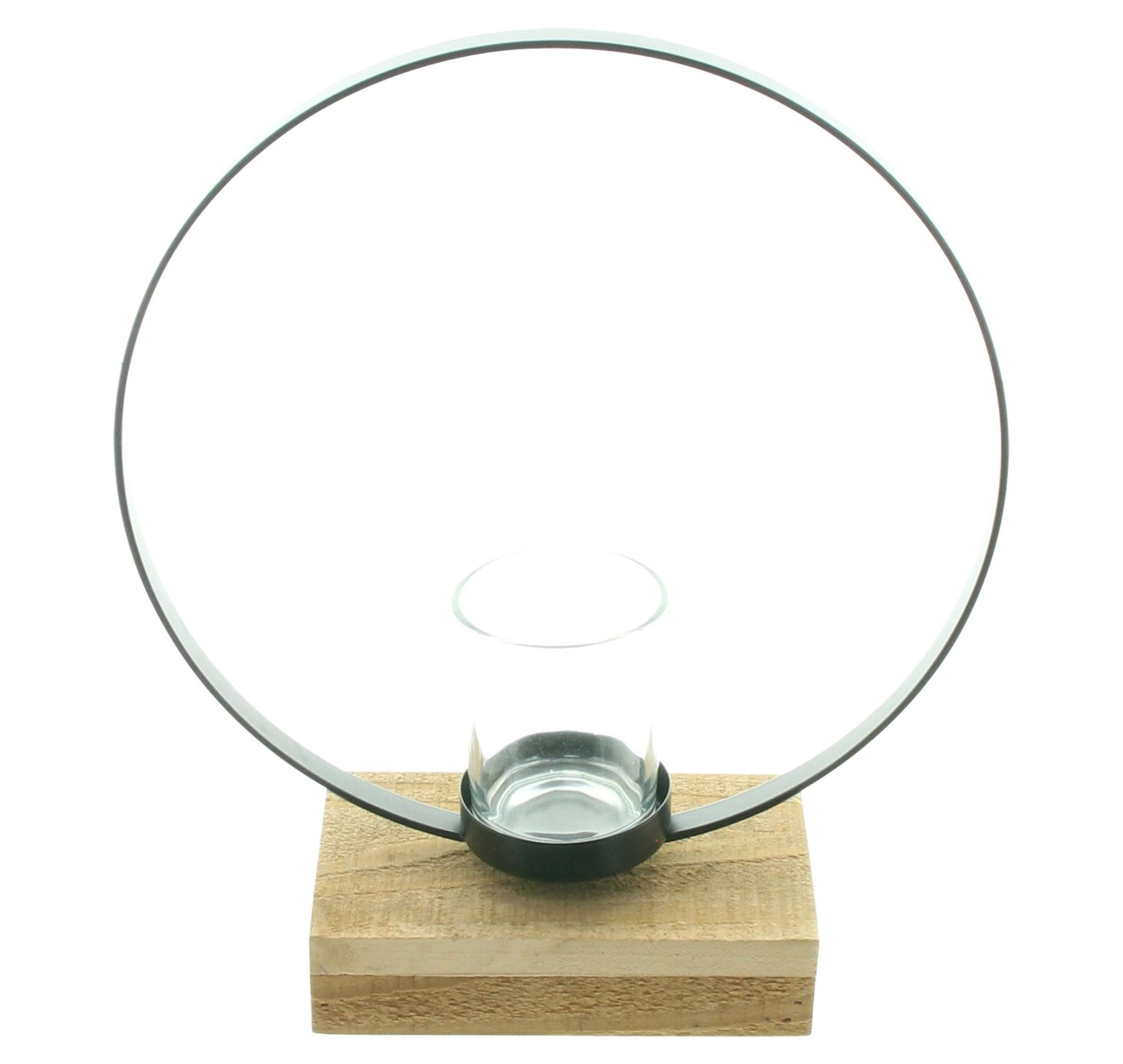 Windlicht Windlicht Ring Metall schwarz Holz Sockel 1 Glas