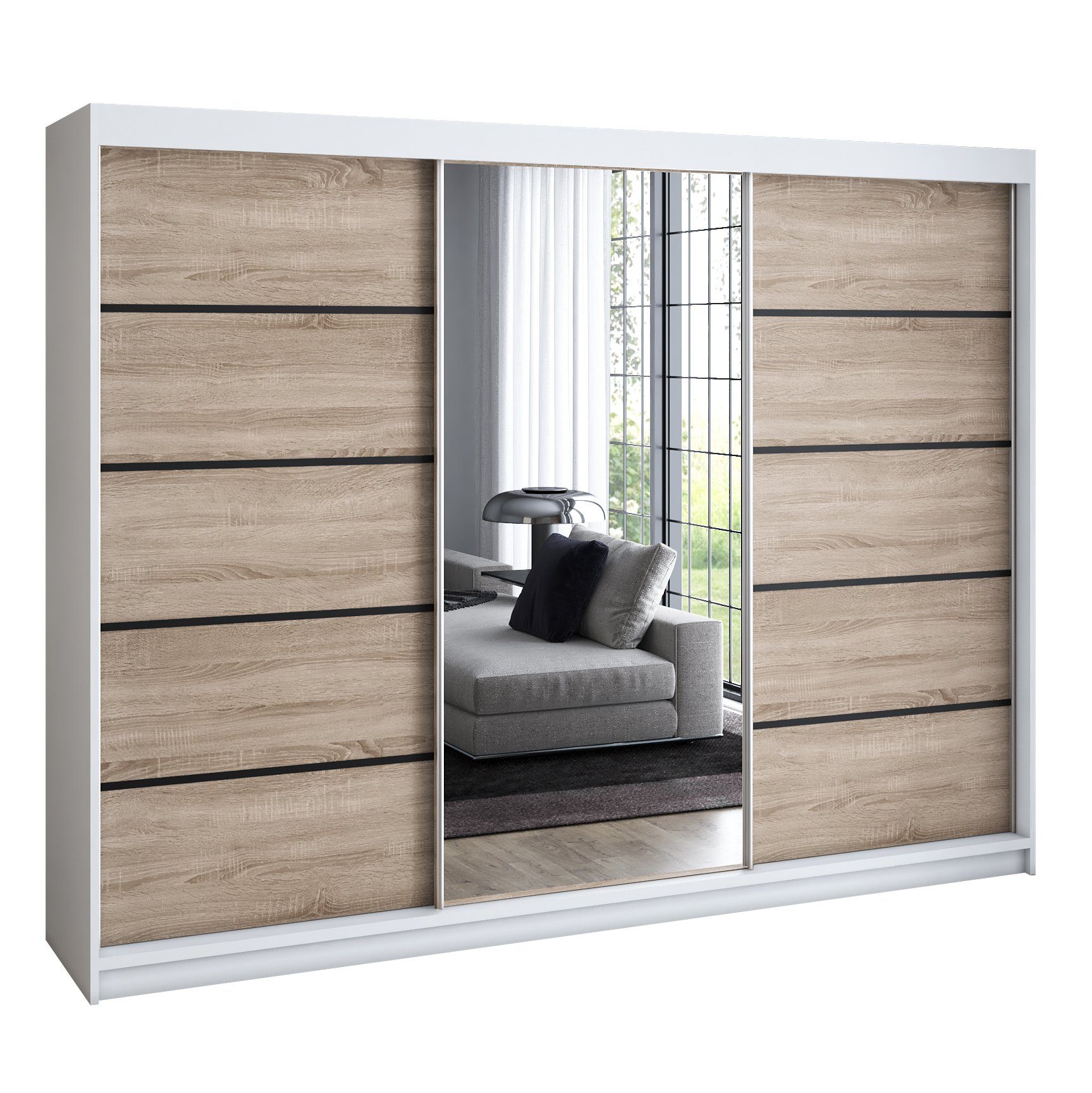 A&J MöbelLand GmbH Schiebetürenschrank VILUNO mit 4 Schubladen und Spiegel (nur für kurze Zeit! TOP ANGEBOT! Geräumiger Schrank mit einer Breite von 200 cm und Spiegel, ideal zur Aufbewahrung von Kleidung und Accessoires. 4 Schubladen und viel Stauraum. T