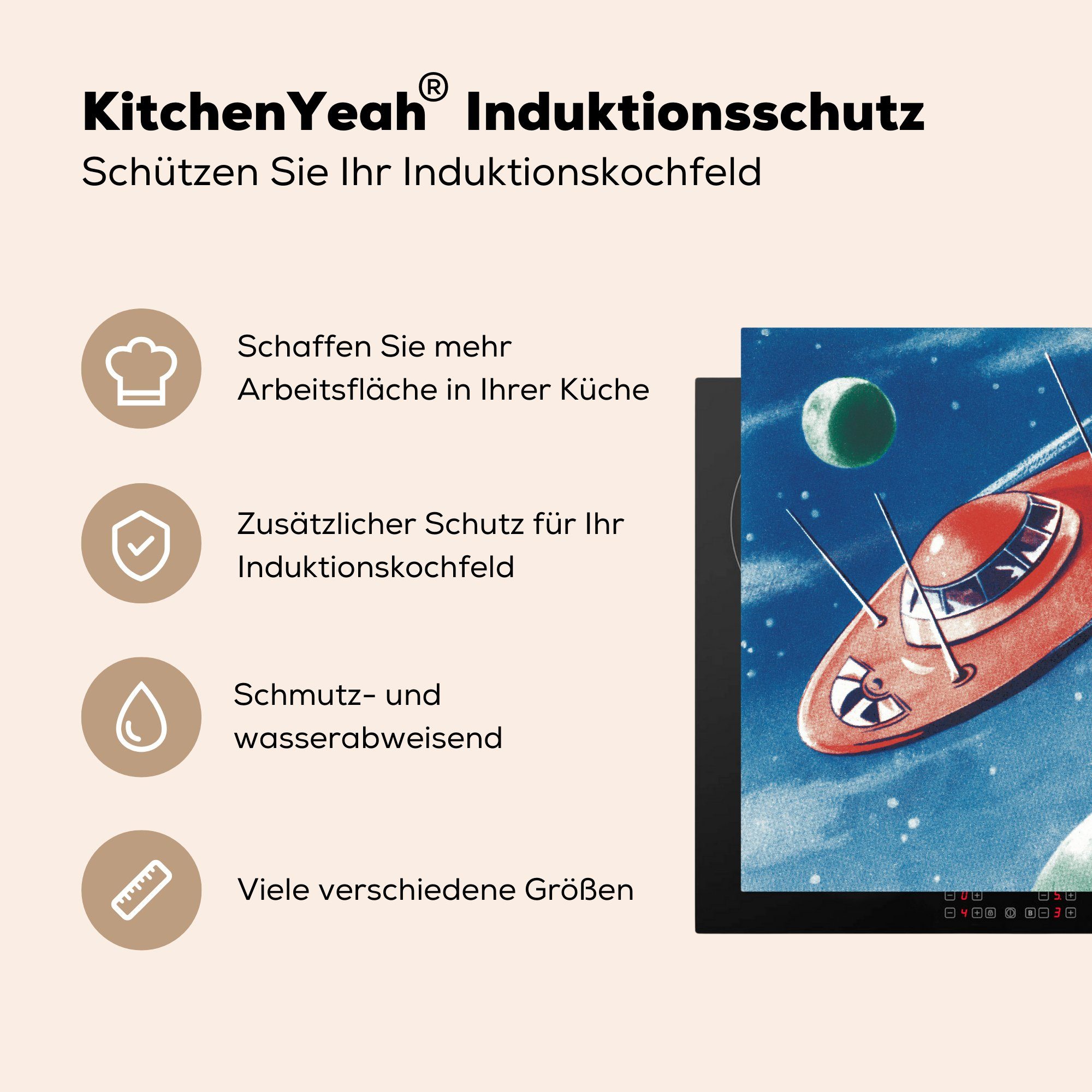 Mädchen, eines der Planeten cm, Jungen Arbeitsplatte MuchoWow Eine tlg), (1 Ceranfeldabdeckung, inmitten küche - Herdblende-/Abdeckplatte Illustration für UFOs - Vinyl, 78x78