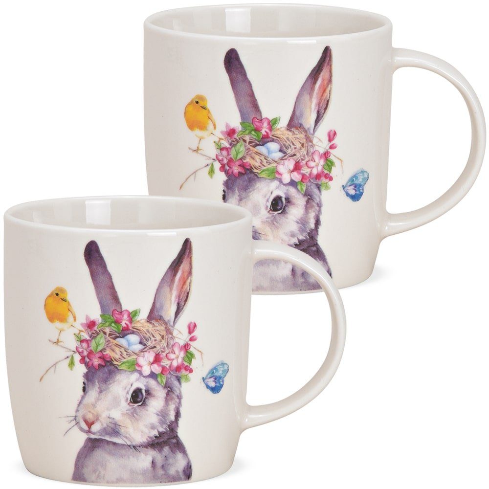 matches21 HOME & HOBBY Tasse Kaffeetassen 2er Set Ostern Frühling gemalte Oster-Hasen Eier, 2-tlg., Porzellan, Tee, Kaffee-Becher, klassisch, weiss bunt, 350 ml