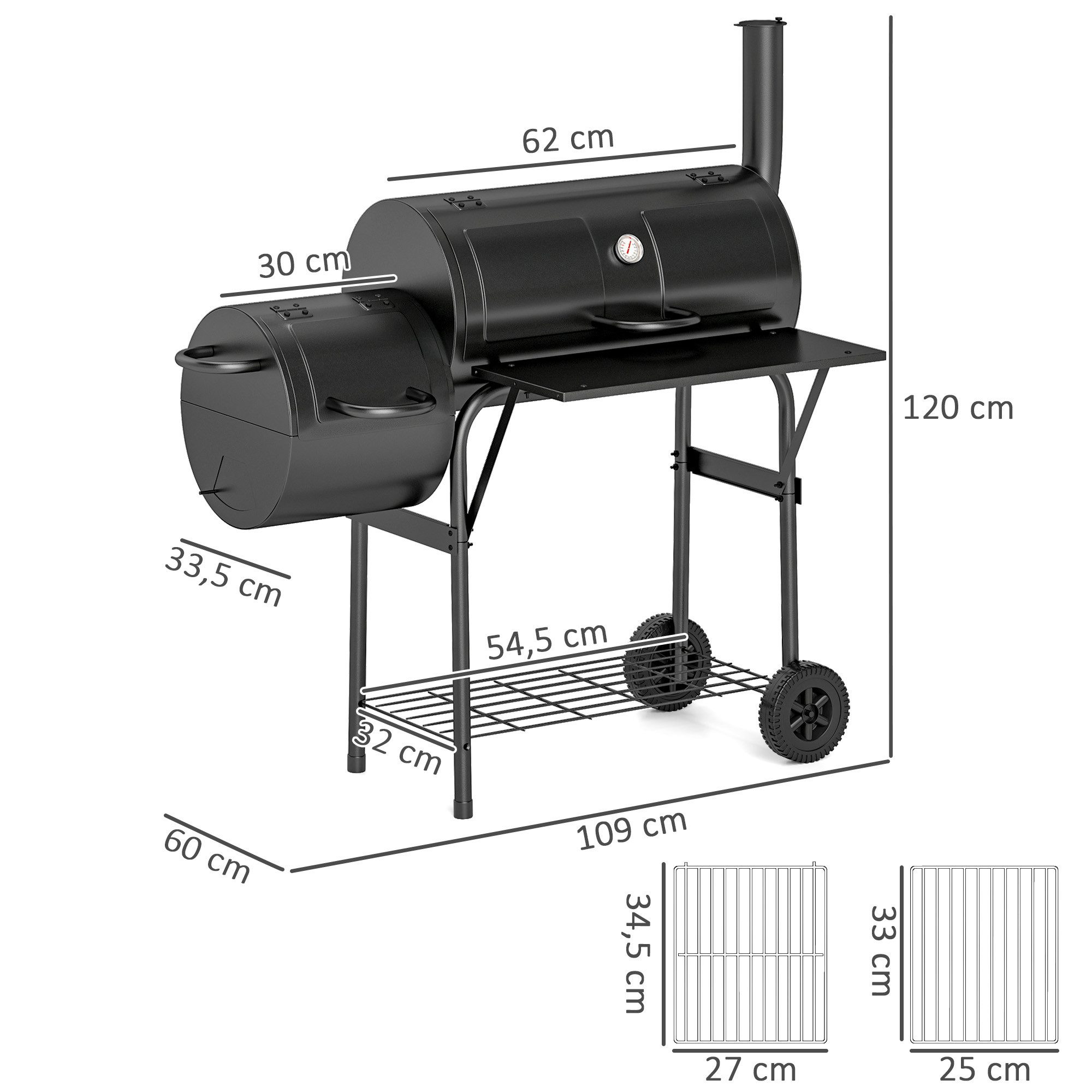 Outsunny Holzkohlegrill mit Deckel, Thermometer, Räder, Ablage, Luftzufuhr, Kohlewanne, fahrbar Grillwagen, Kohlegrill aus Stahl, für Barbeque Camping, Garten, 109 x 60 x 120 cm