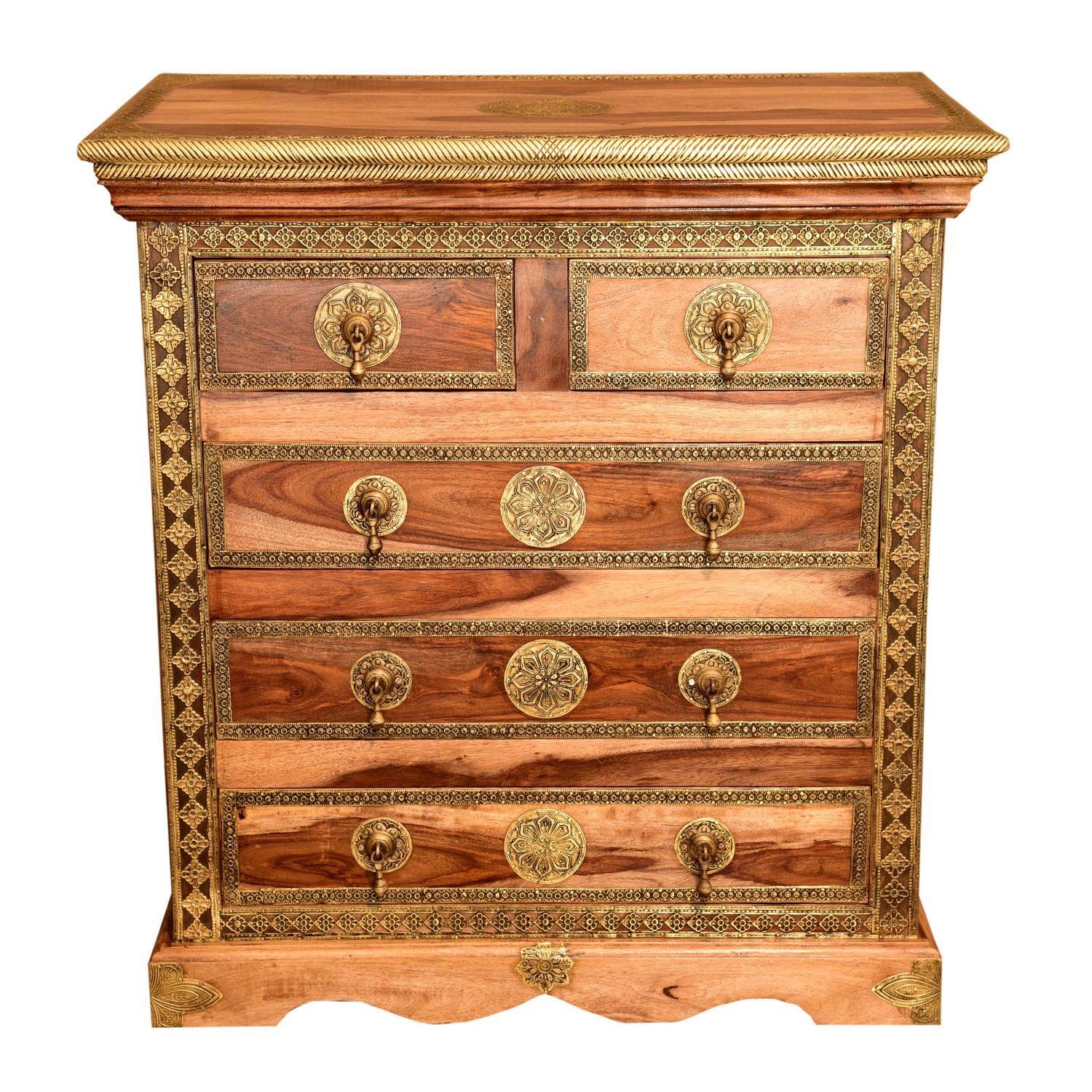 Casa Moro Schubkastenkommode Orientalische Kommode Malek aus Massivholz 75x45x80 (BxTxH) (mit 5 Schubladen & feinen Messing verziert, 1 St., Natur Echtholz Nachttisch Sideboard), MA70-140