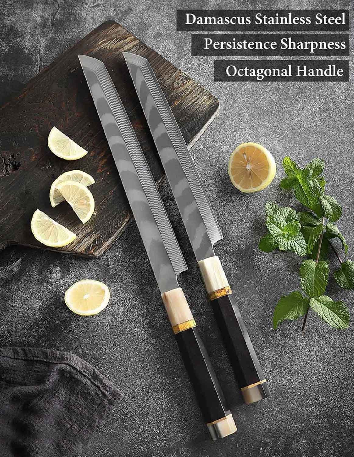 Muxel Damastmesser oder und Mit Yanagiba Sakimaru Büffel, achteckigen SET geschliffen einseitig Ebenholz- Messer