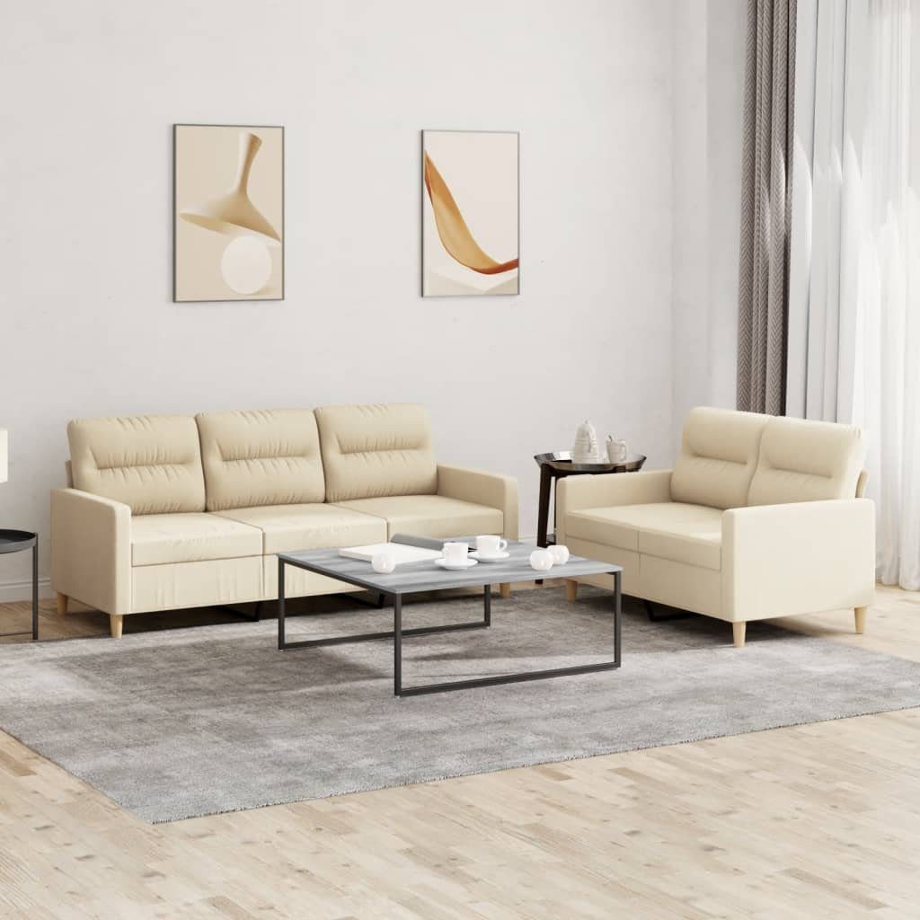 vidaXL Sofa 2-tlg. Sofagarnitur mit Kissen Creme Stoff