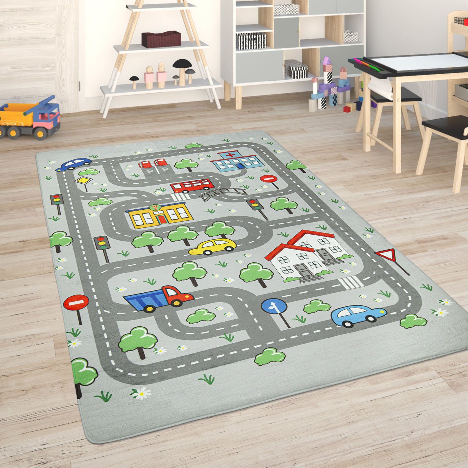 Paco Home Kinderteppich Chicos 559, rechteckig, Höhe: 2 mm, Flachgewebe, Straßen-Spiel-Teppich, Kinderzimmer