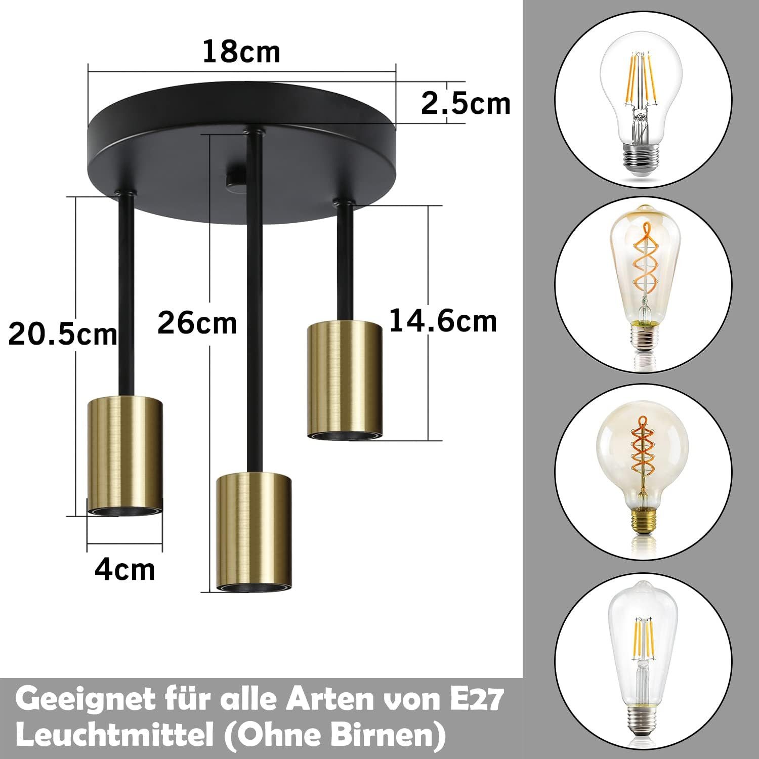 ZMH LED Deckenleuchte 3/6 Flammig Deckenstrahler Vintage E27 Schwarz-Gold Schlafzimmer, mit 3 Spots Kronleuchter, LED fest integriert, Modern Deckenspots für Es – Bild 3 von 5