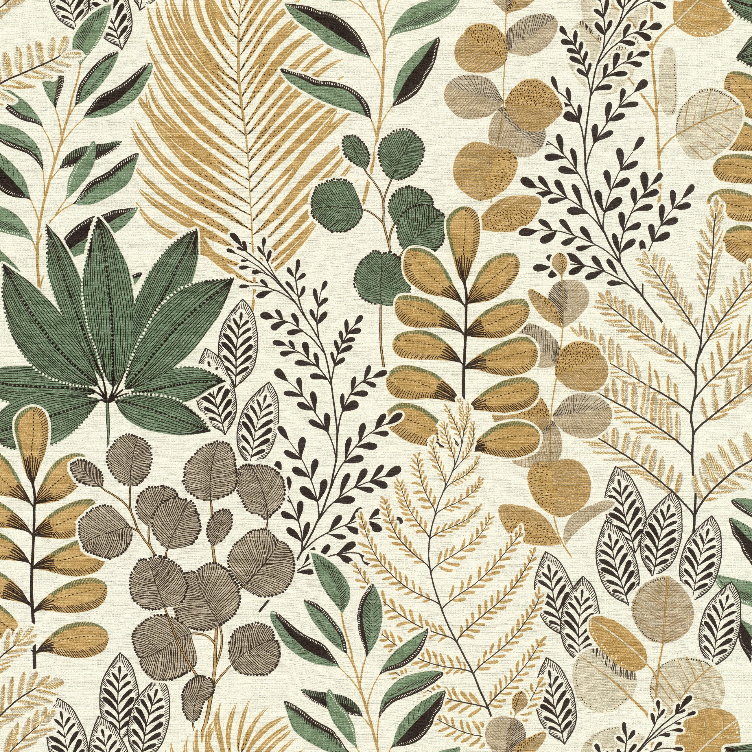 Rasch Vliestapete Blätter & Botanisches Muster - Vinyltapete Weiß Braun Grün, floral, (1 Rolle, 1 St., 10,05 m x 0,53 m), Lichtbeständige Farben - Feucht abwischbar - Restlost abziehbar