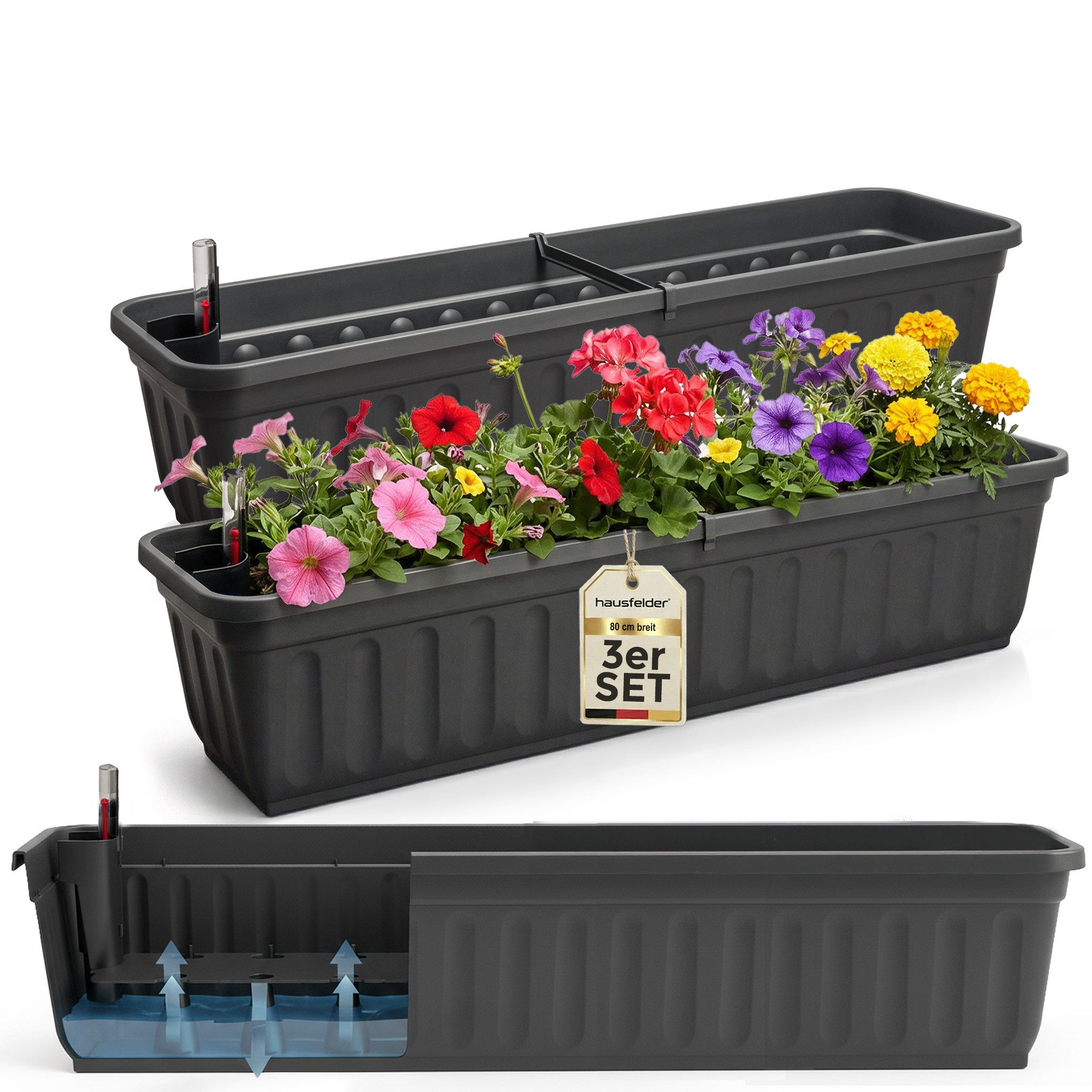 Hausfelder Blumenkasten Balkonkasten mit Wasserstandsanzeiger, Pflanzkasten 3er Set, 80cm (3er Set, 3 St., Jedes Set enthält: Füllstandsanzeiger, Boden, Pflanzkasten), Blumenkästen UV- und witterungsbeständig für innen und außen, matt
