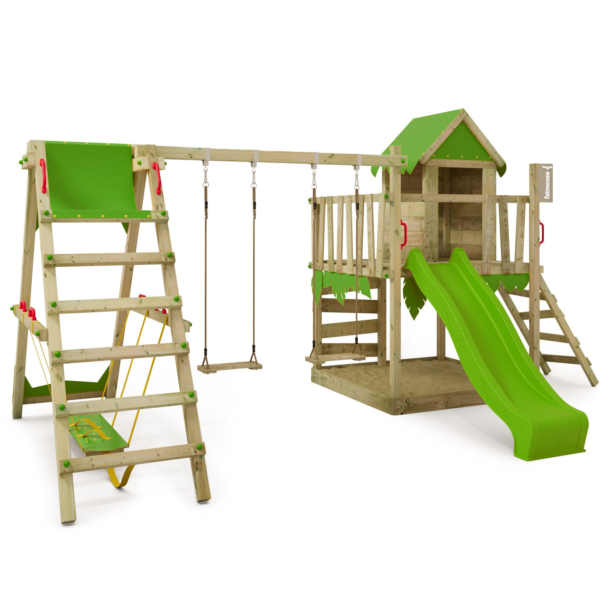 FATMOOSE Spielturm JazzyJungle mit SurfSwing – Abenteuer-Spielhaus mit Rutsche, extrem witterungsbeständig mit 10 Jahren Garantie*