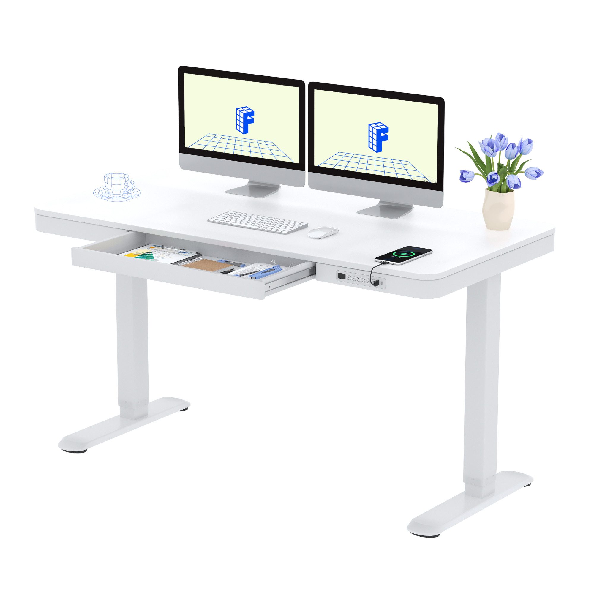 FLEXISPOT Schreibtisch Höhenverstellbarer Schreibtisch MIT Schubladen (mit LED-Höhenanzeige, 4 Speicherhöhen, Anti-Kollisionssystem, USB-C Anschluss), EINFACHE MONTAGE, leise & ergonomisch
