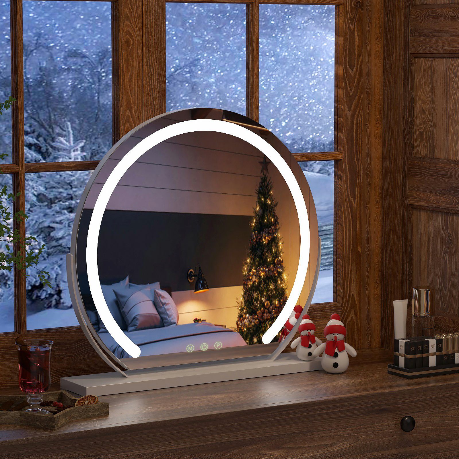Φ Rund Dimmbar 3 LED mit Rahmen, 40cm Weißer Funktion Beleuchtung Kosmetikspiegel Memory S'AFIELINA Weihnachtsgeschenk, Lichtfarben Schminkspiegel