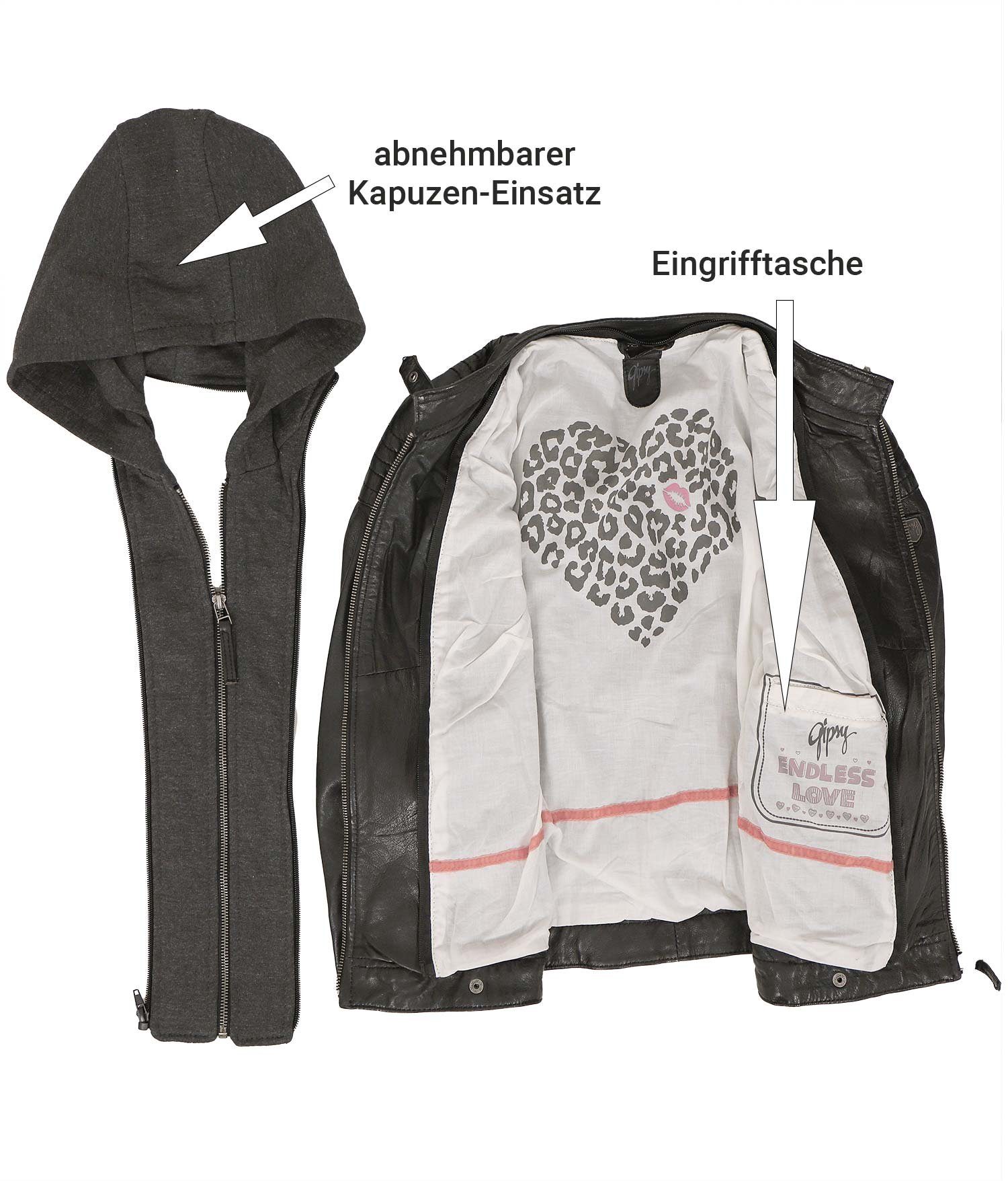 Gipsy by Mauritius Lederjacke Cacey LEGV Gipsy - Damen Lederjacke Bikerjacke Lammnappa Kapuze schwarz
