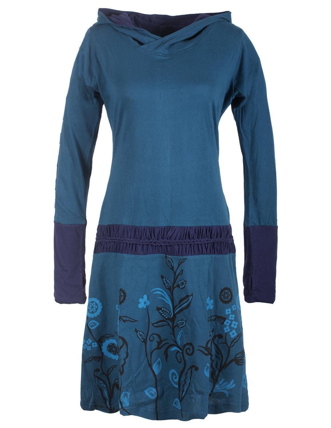 Vishes Jerseykleid Blumen Kleid mit Kapuze und geknüpftem Gürtel Ethno, Goa, Boho, Elfen Style türkis