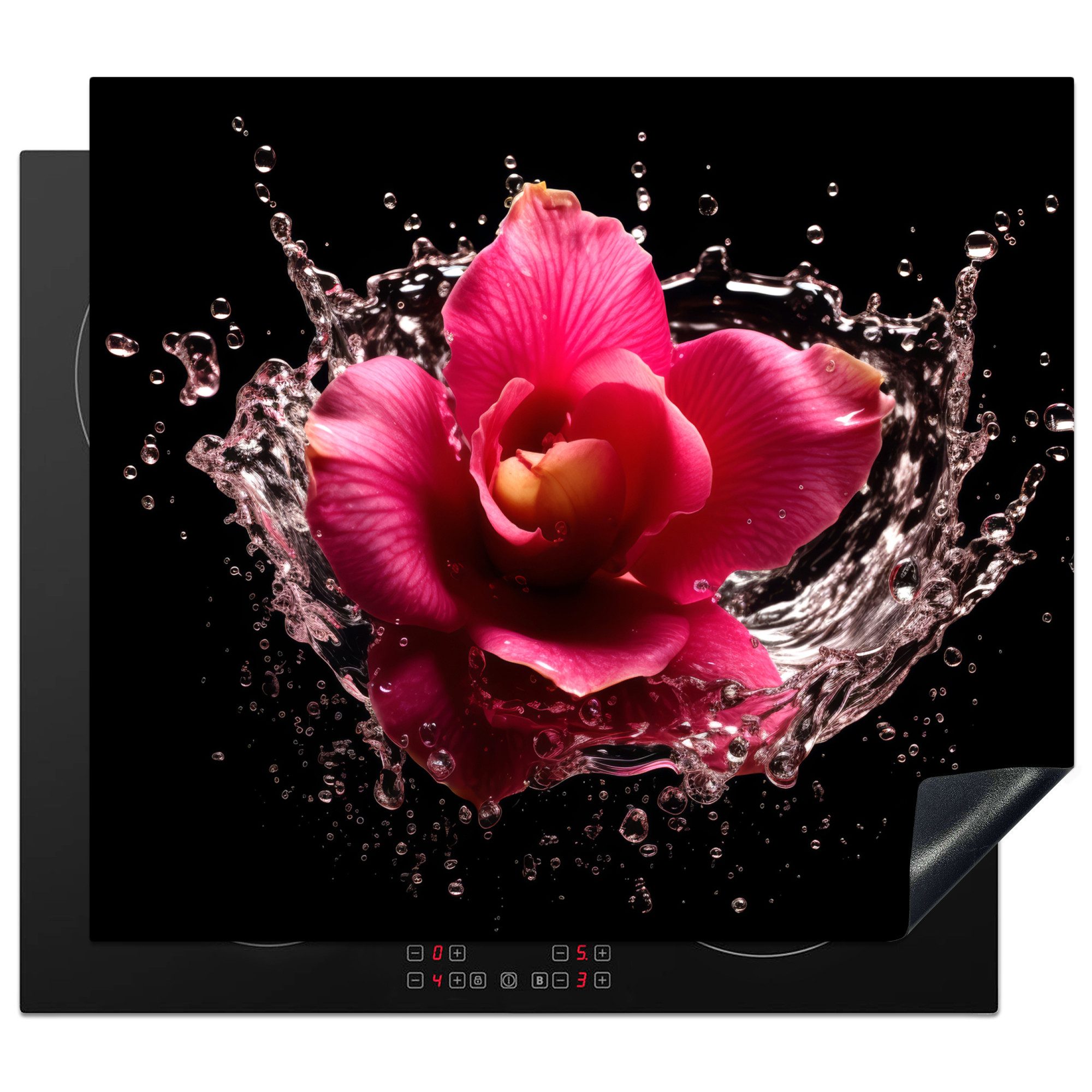 MuchoWow Herd-Abdeckplatte Blumen - Rosa - Wasser - Schwarz - Botanisch - Natur, Vinyl, (1 tlg), Ceranfeldabdeckung Küche, Herdabdeckplatte Einteilig, 59x51 cm