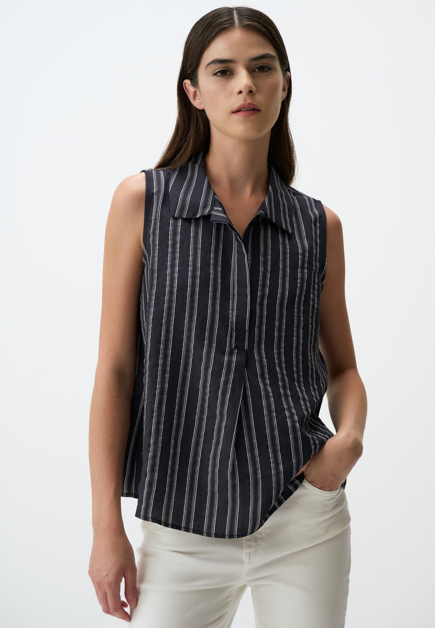 Shirtbluse Schwarz Gestreift Ärmelloses Hemd