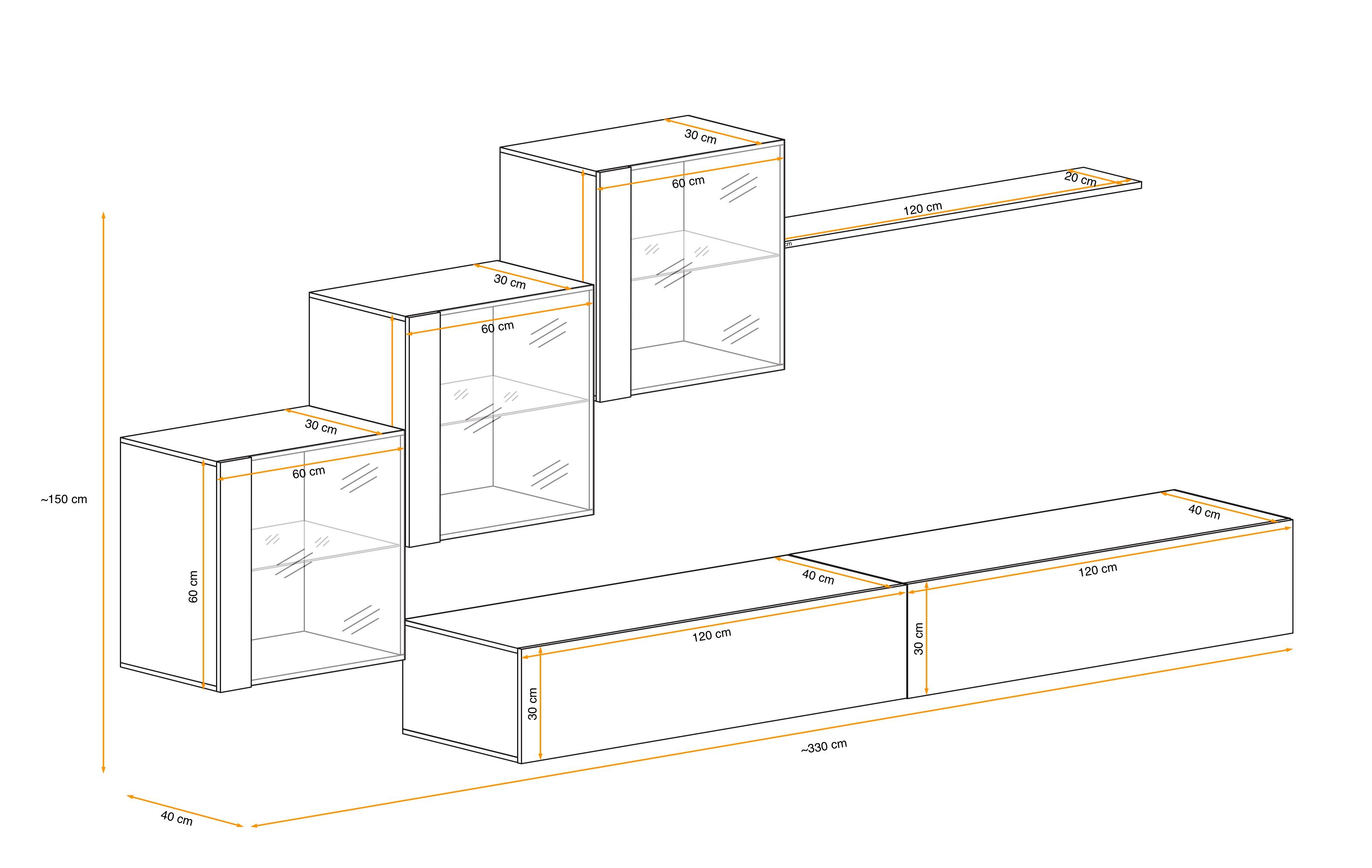 Stylefy Wohnwand 2×Lowboard, 1×Wandboard, aus - (Set 3×Wandschrank, hängend XX Wohnzimmer-Set), Wotan L, Eiche (6 Swotch St), bestehend Weiß