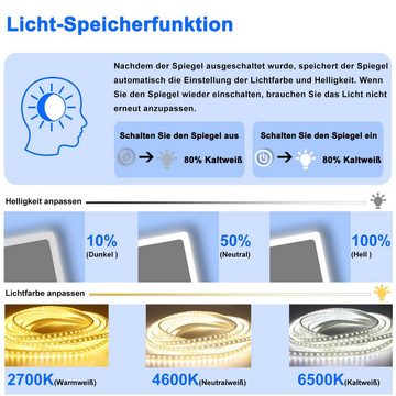 duschspa Badspiegel LED Beleuchtung Kalt/Neutral/Warmweiß Dimmbar Beschlagfrei, 3x LED Schminkspiegel, Touch, Wandschalter