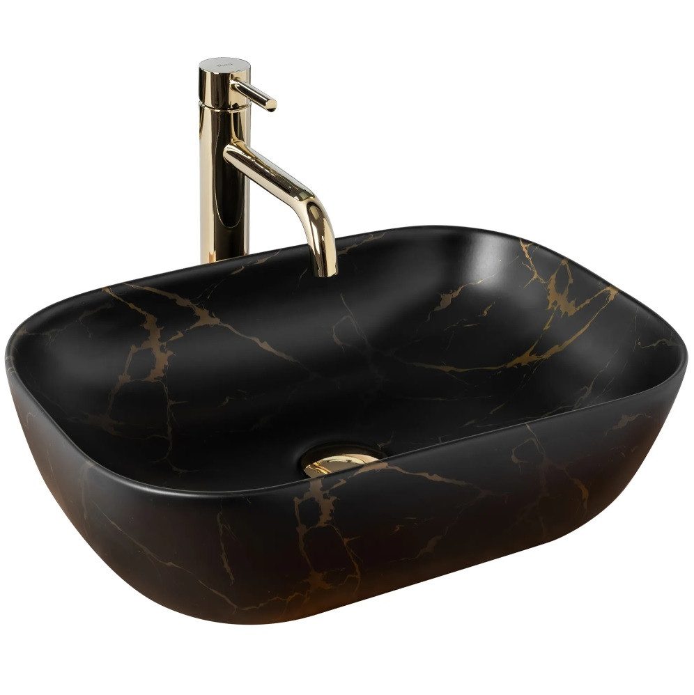 wohnwerk.idee Aufsatzwaschbecken Waschbecken Marmor Schwarz 46,5x33,5cm Belinda Marble Black Matt