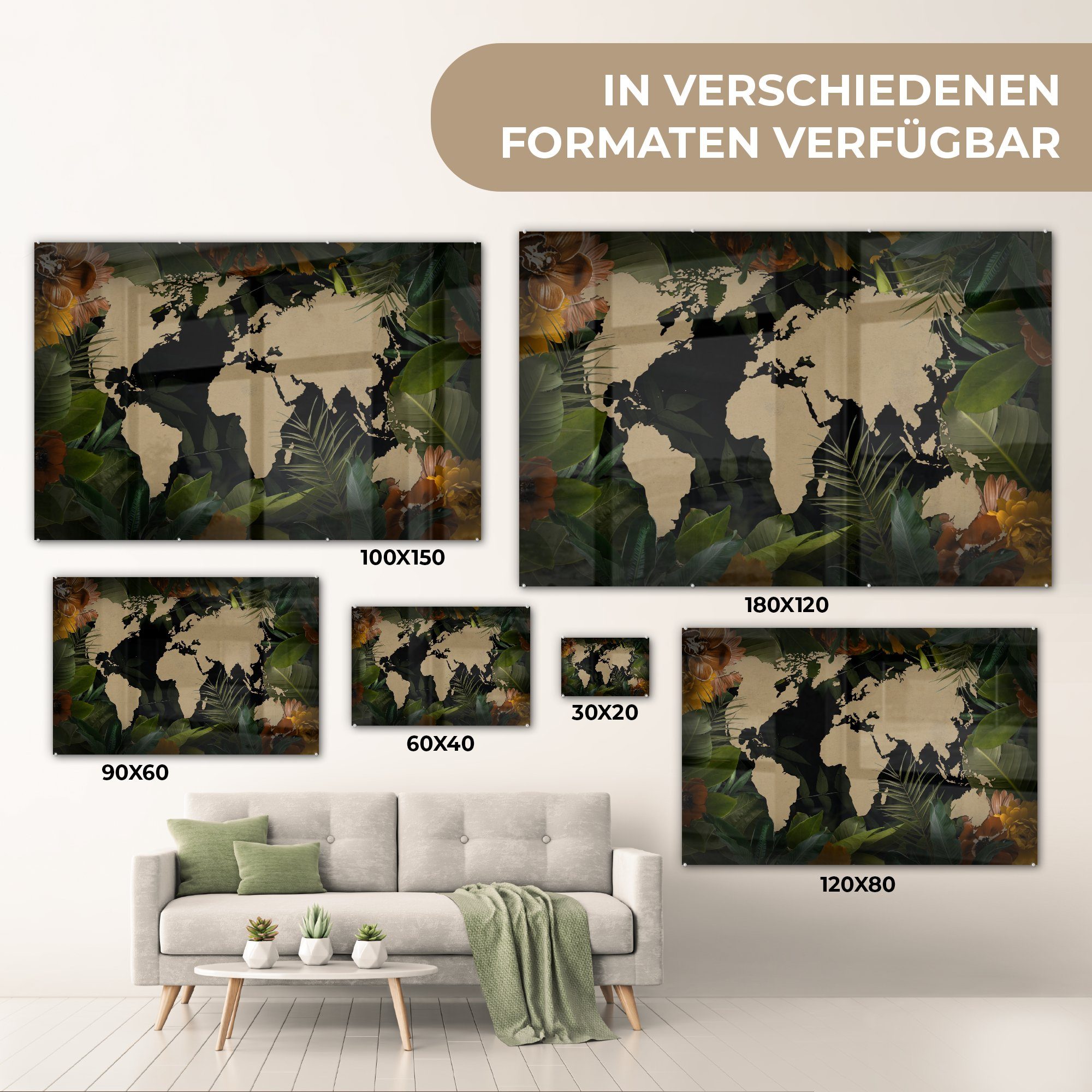 Acrylglasbild Weltkarte - - auf Pflanzen - Wandbild MuchoWow - (1 Glas Foto Blätter, - Bilder auf St), Glas Glasbilder Wanddekoration