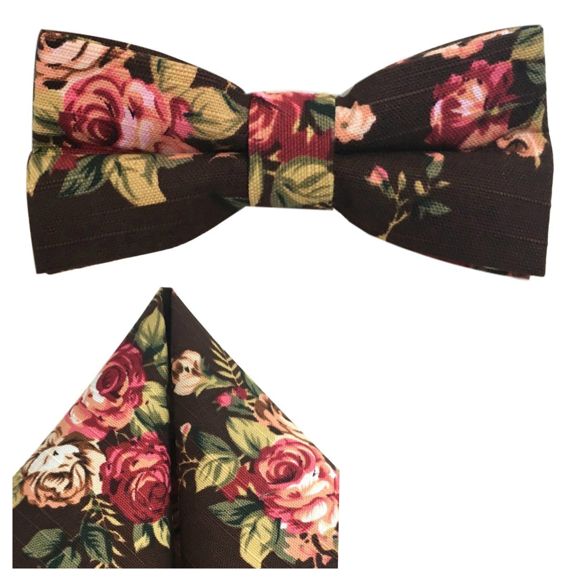 GASSANI Fliege Leinen-Fliege Herren-Schleife Retro Vintage Hochzeit z. Anzug (Set, 2-St., Hochzeitsfliege, Бабочкиset, mit Einstecktuch, Bunt) Geblümt, Blumen, Floral, Rosen, Vor-Gebunden Verstellbar