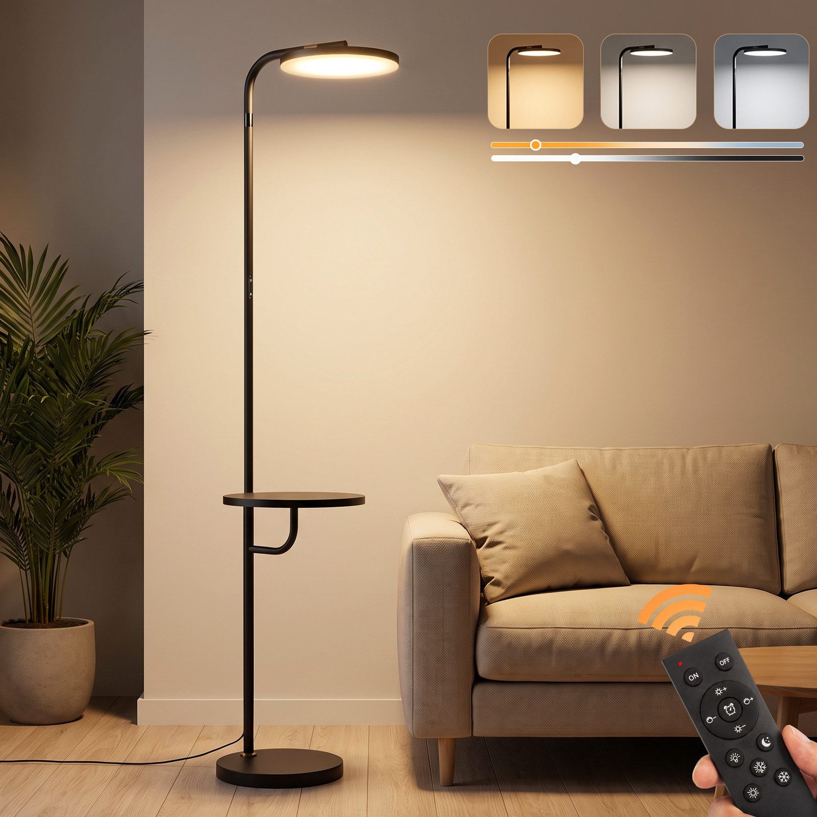 ZMH LED Stehlampe mit Ablage, 30 W dimmbare Stehlampe mit Fernbedienung, 3 Farbtemperaturen 3000/4000/6500 K, LED fest integriert, schwarze Standleuchte für Wohnzimmer und Schlafzimmer