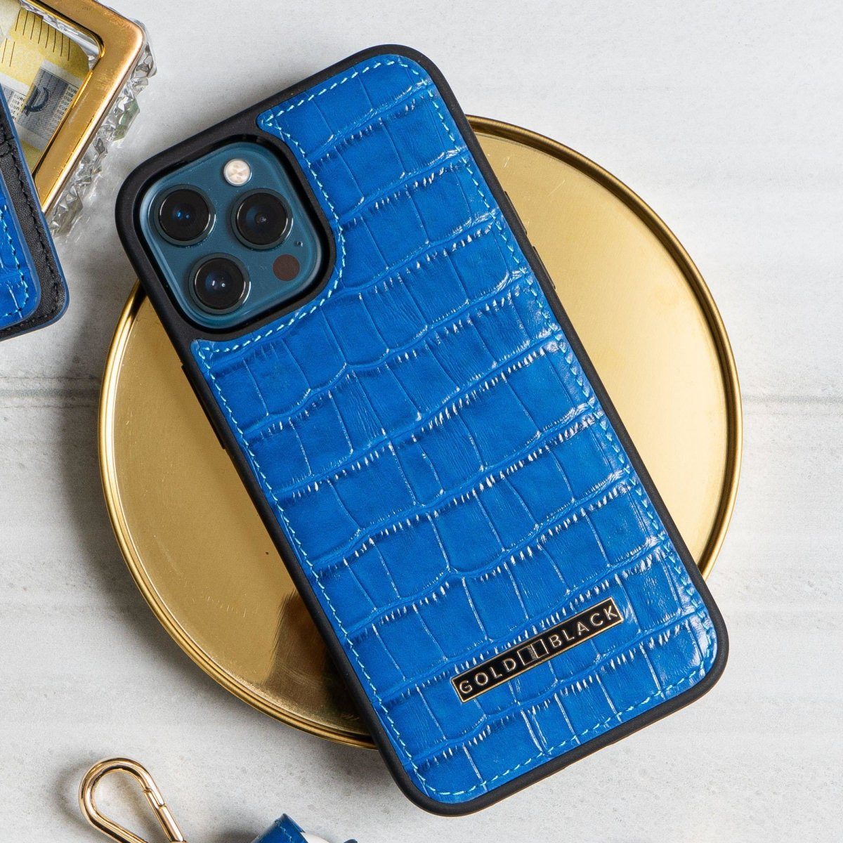 GOLDBLACK Handyhülle GOLDBLACK iPhone 12 Pro Max Lederhülle KROKO-PRÄGUNG Blau