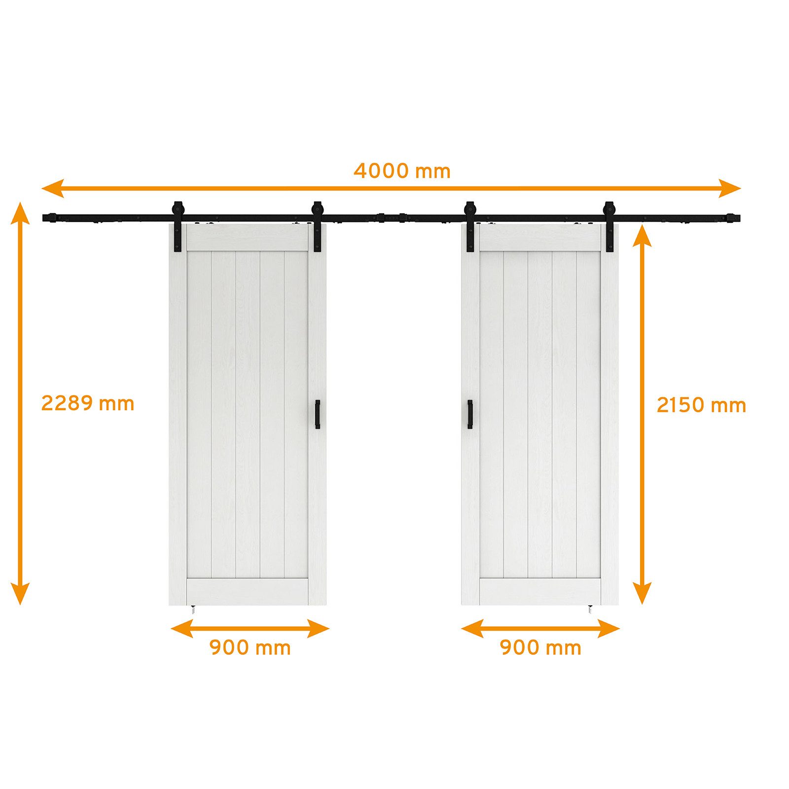 inova wohnen Doppelschiebetür Holz Scheunentor Weiß 180 x 215 cm (Komplett Set), Laufschiene schwarz Softclose