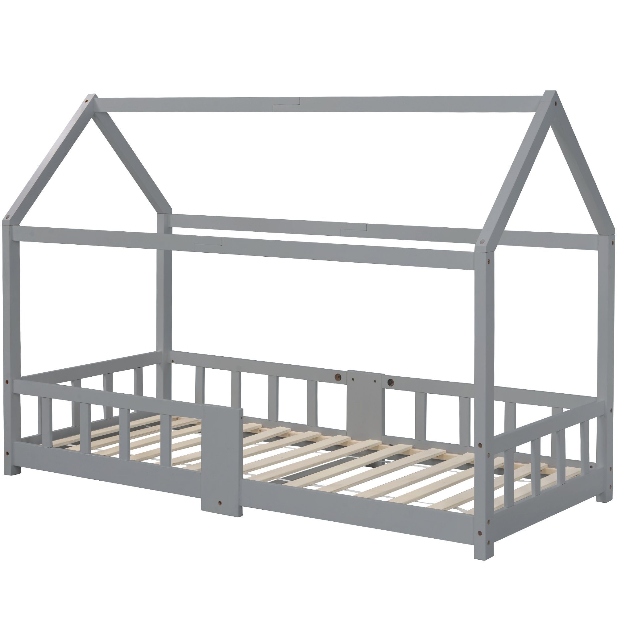 Merax Einzelbett Kinderbett, mit Rausfallschutz, Holz Grau mit Hausbett 90x200cm