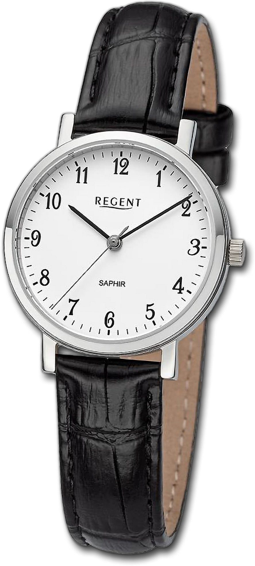 Regent Quarzuhr Regent Damen Armbanduhr Analog, Damenuhr Lederarmband schwarz, rundes Gehäuse, extra groß (ca. 30mm)