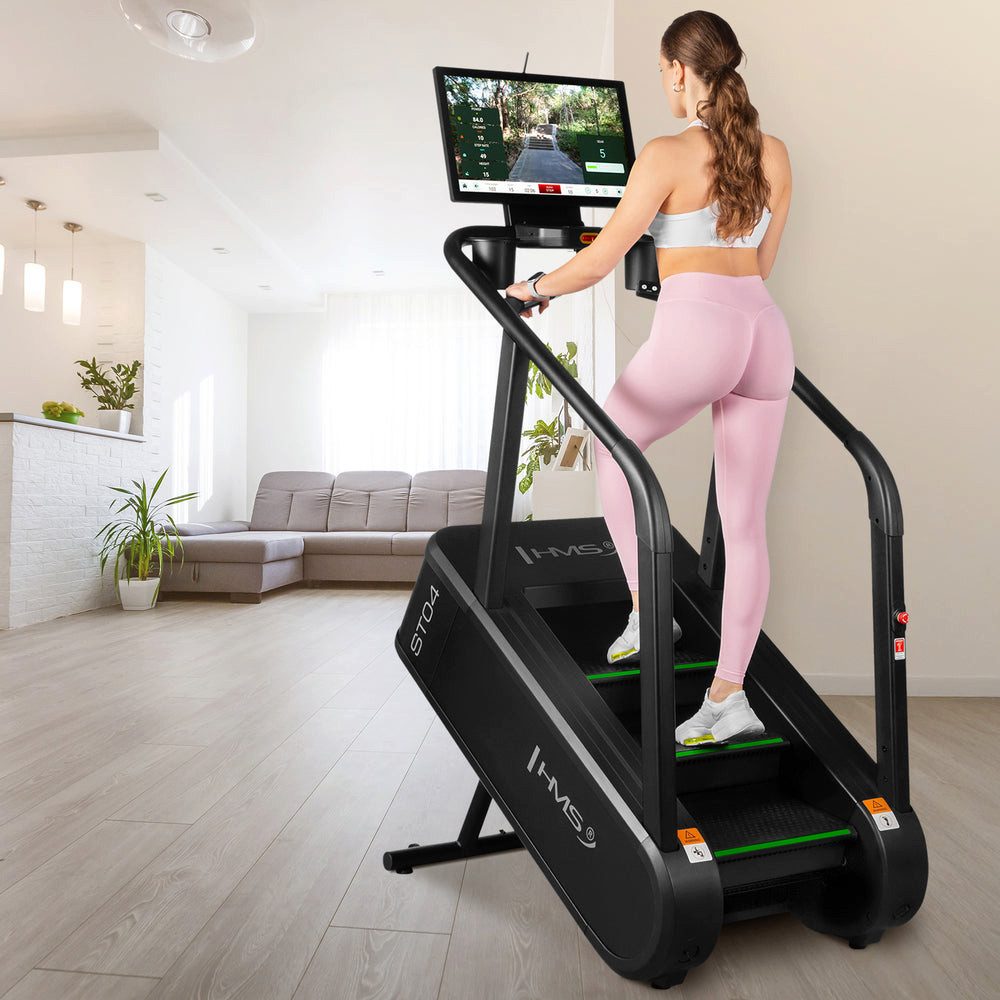 HMS Power-Stepper ST04 Trainingstreppe Treppenmaschine (Spar-Set, Selbstsicherungssystem), Integriertes Android 11 mit Apps wie YouTube, Netflix und Spotify